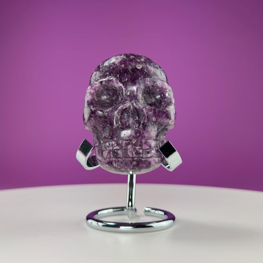 Lepidolite Double Skull Carving (Includes Silver Metal Stand)