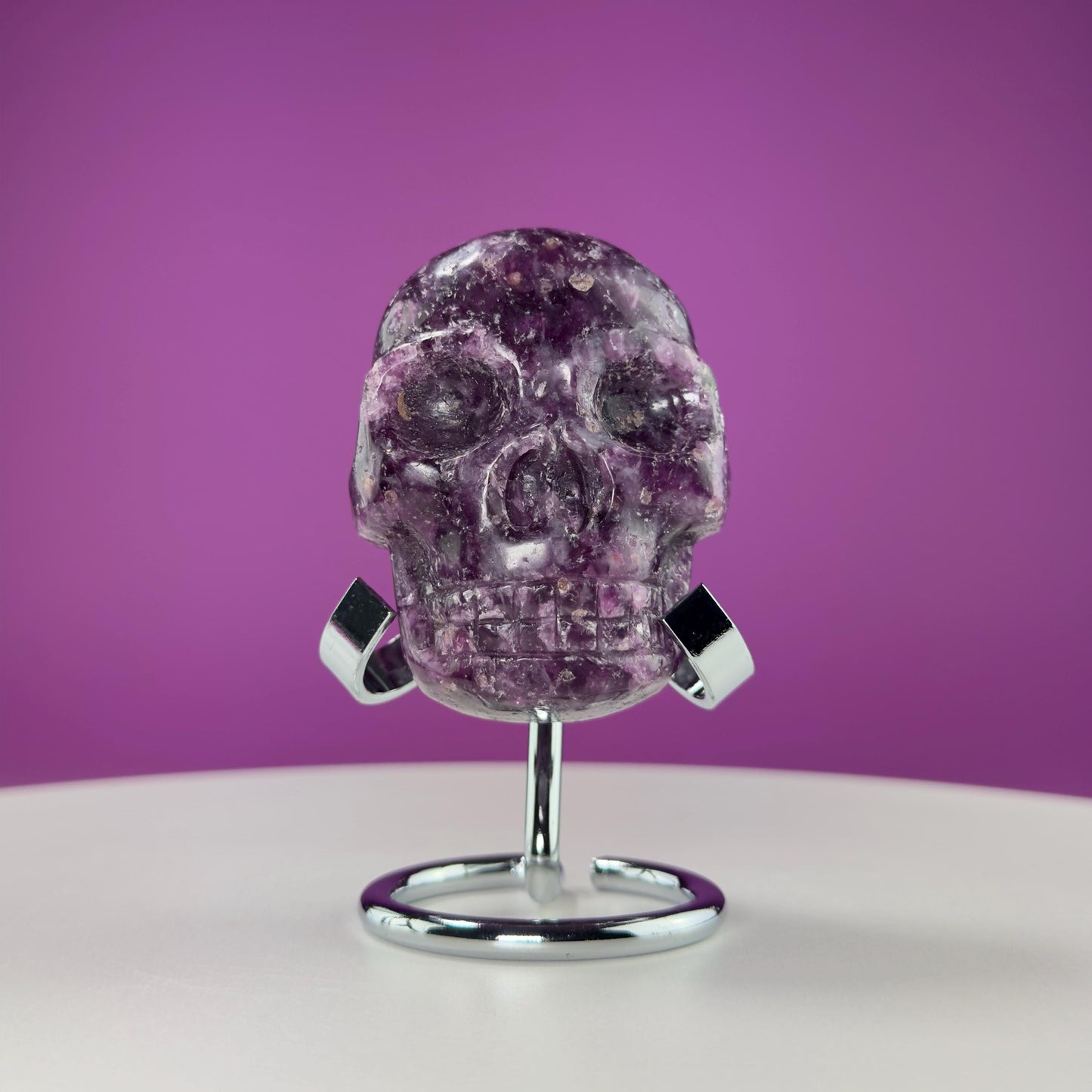 Lepidolite Double Skull Carving (Includes Silver Metal Stand)