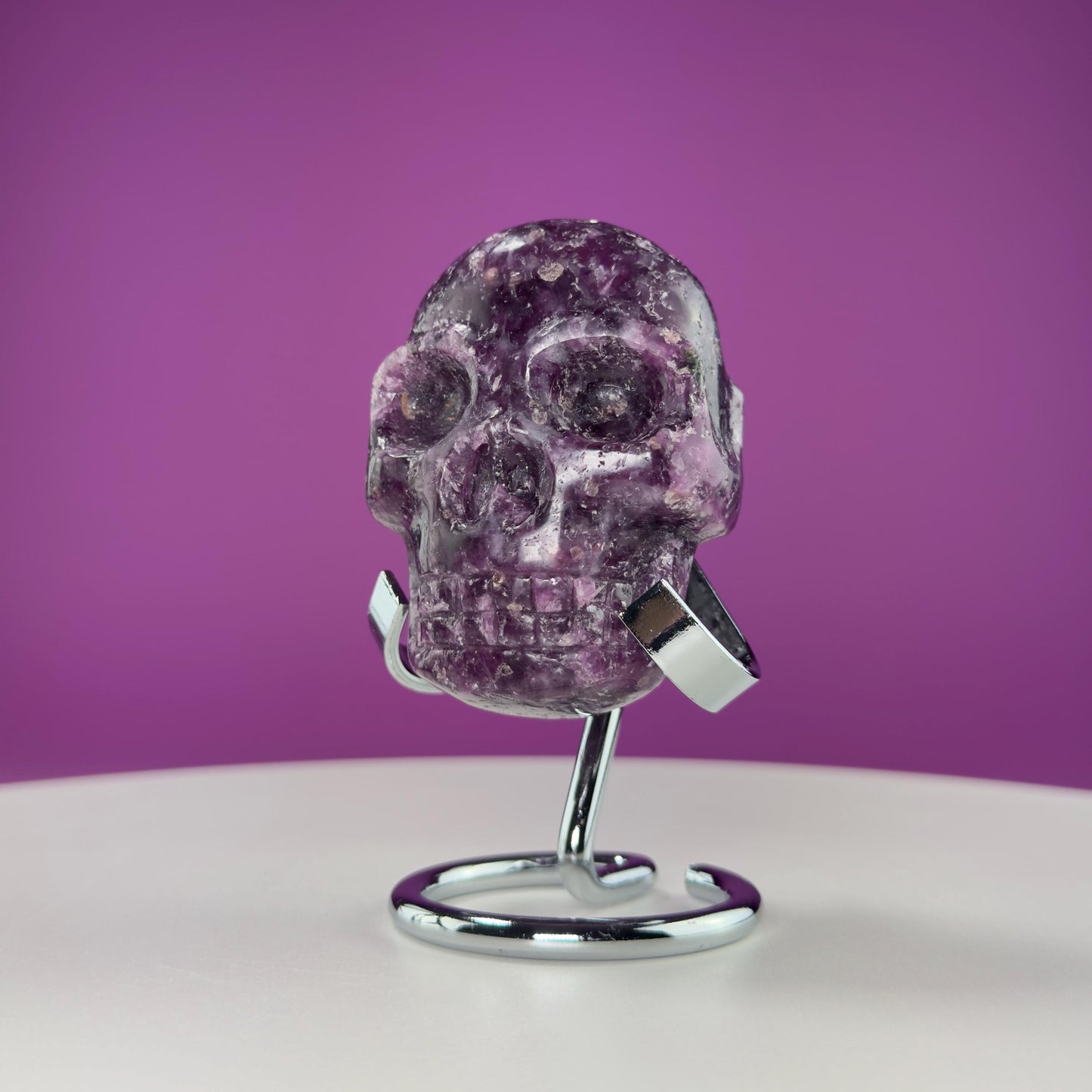 Lepidolite Double Skull Carving (Includes Silver Metal Stand)