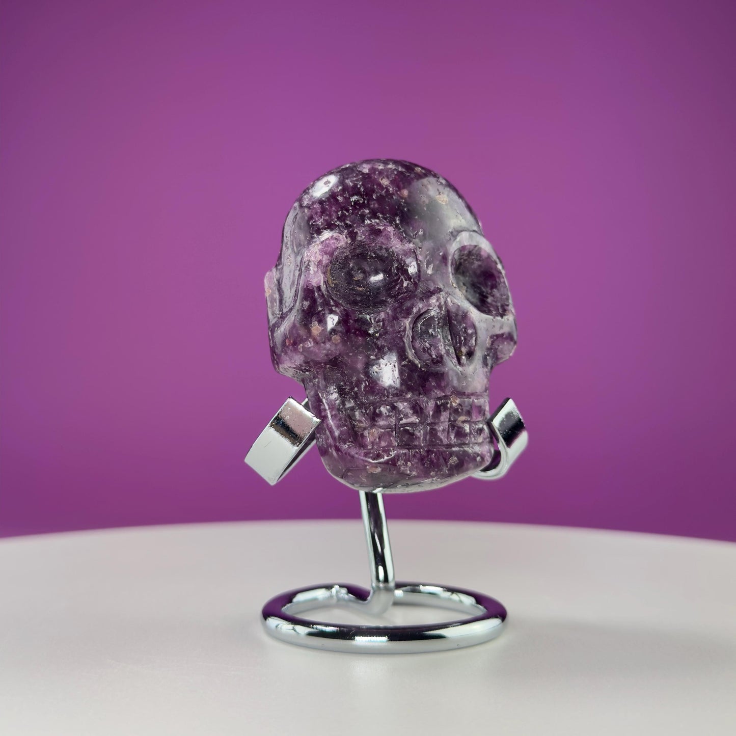 Lepidolite Double Skull Carving (Includes Silver Metal Stand)