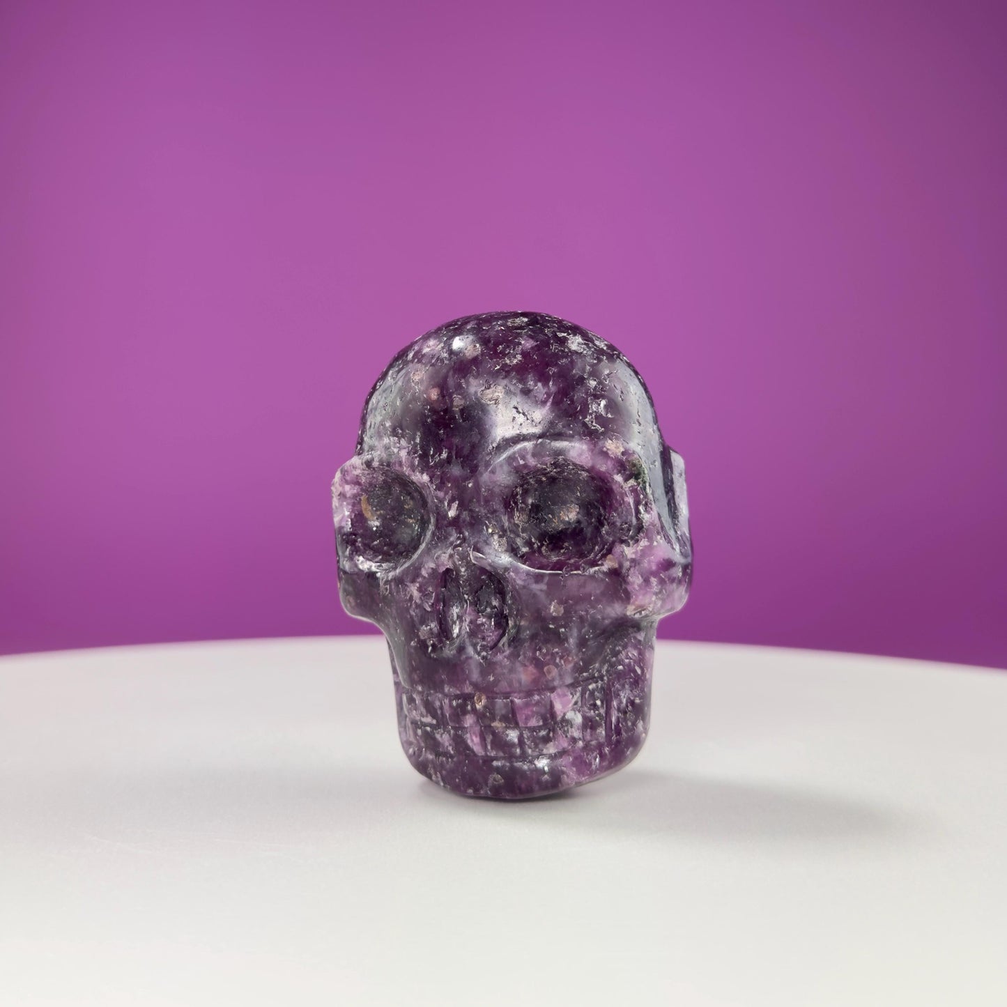 Lepidolite Double Skull Carving (Includes Silver Metal Stand)