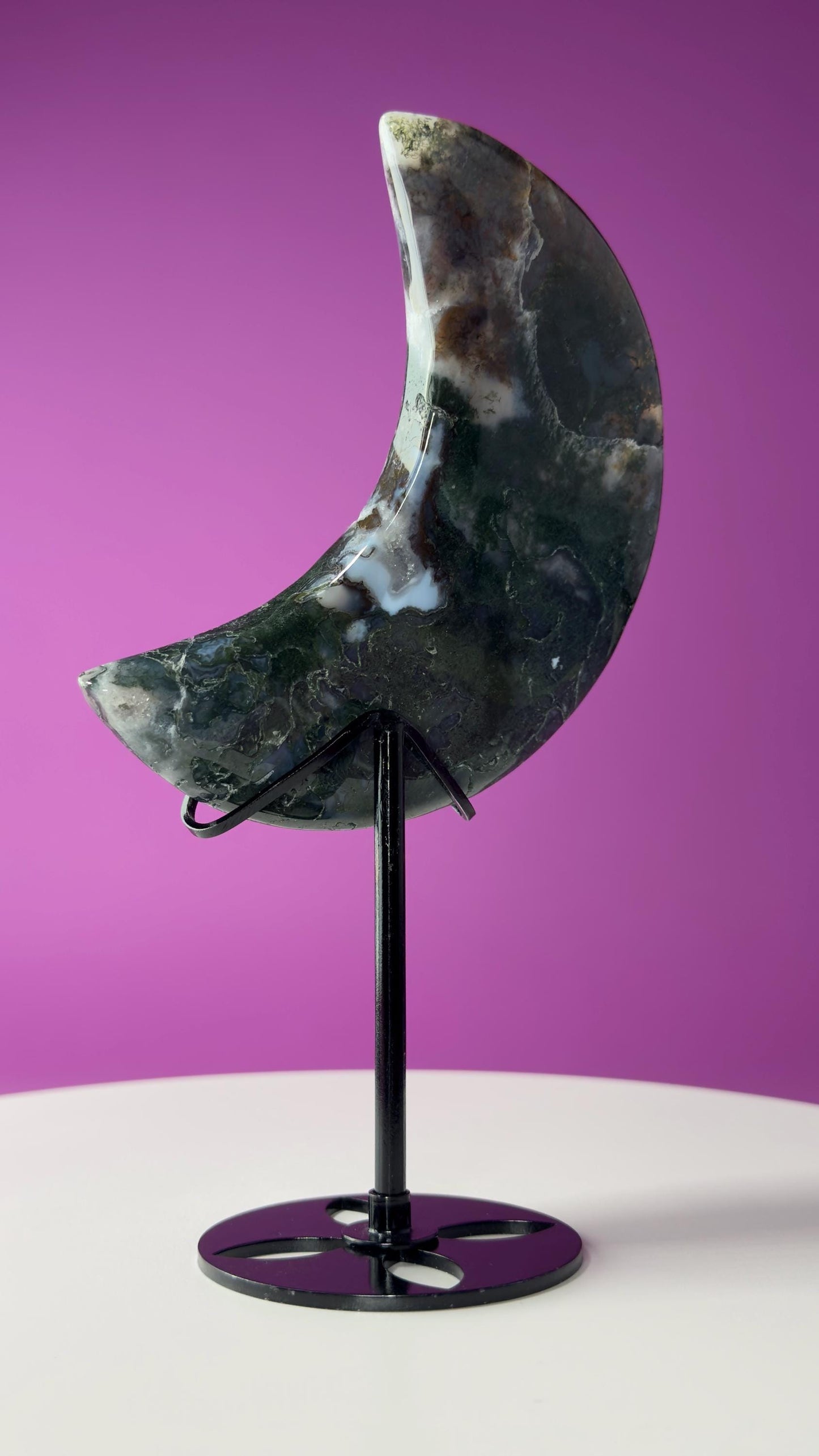 Moss Agate Moon (Includes Black Metal Stand)