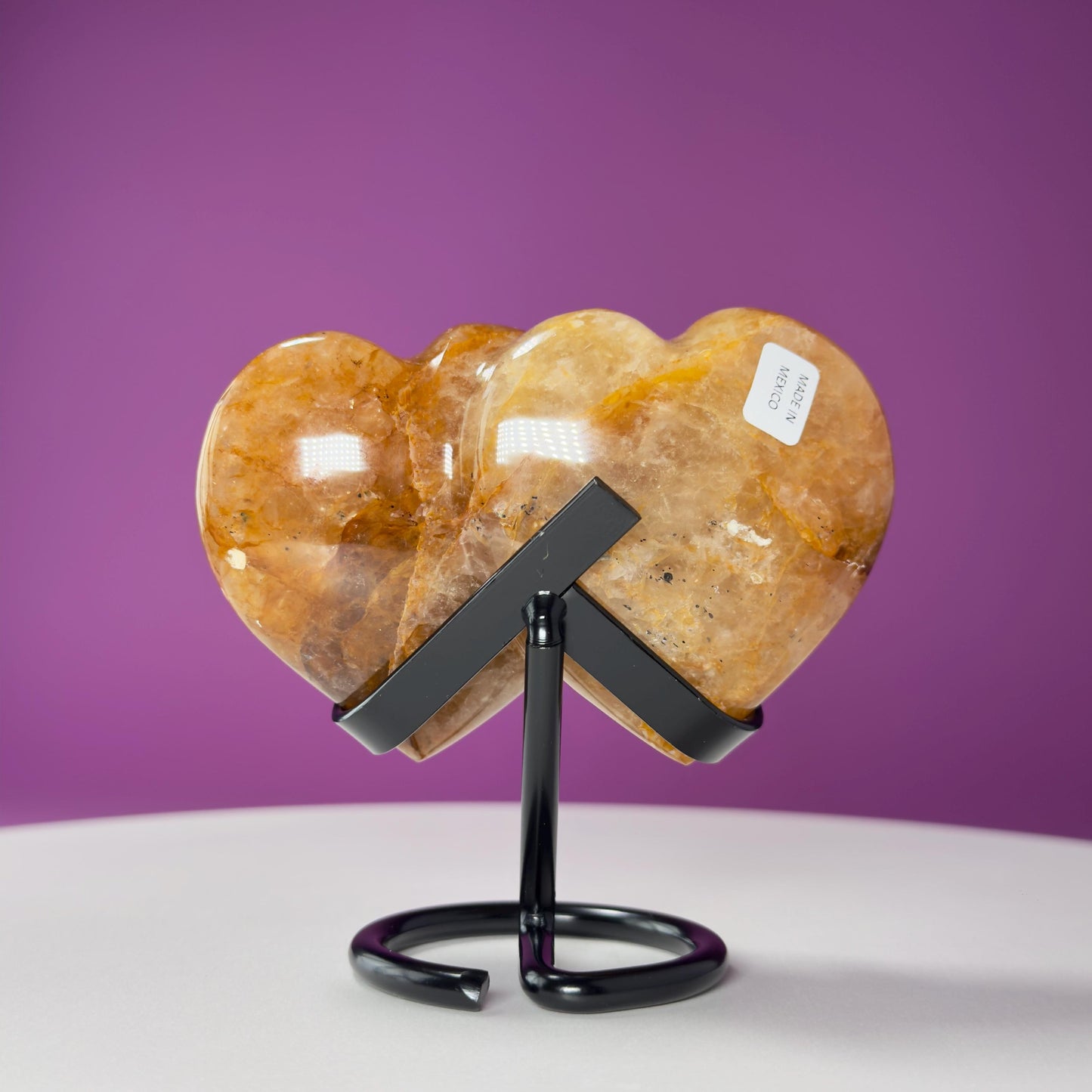 Golden Healer Double Heart Carving (Mexico) (Includes Black Metal Stand)