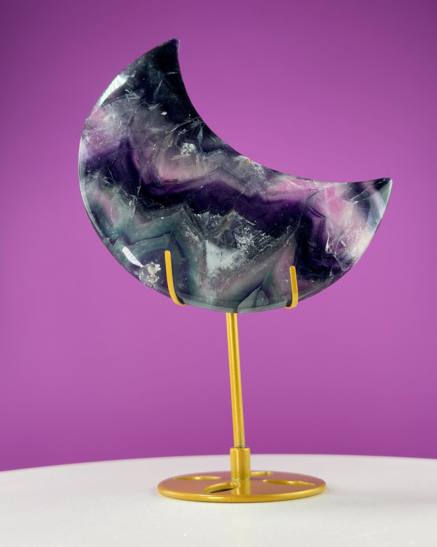 Fluorite Moon Carving (Includes Gold Metal Stand)