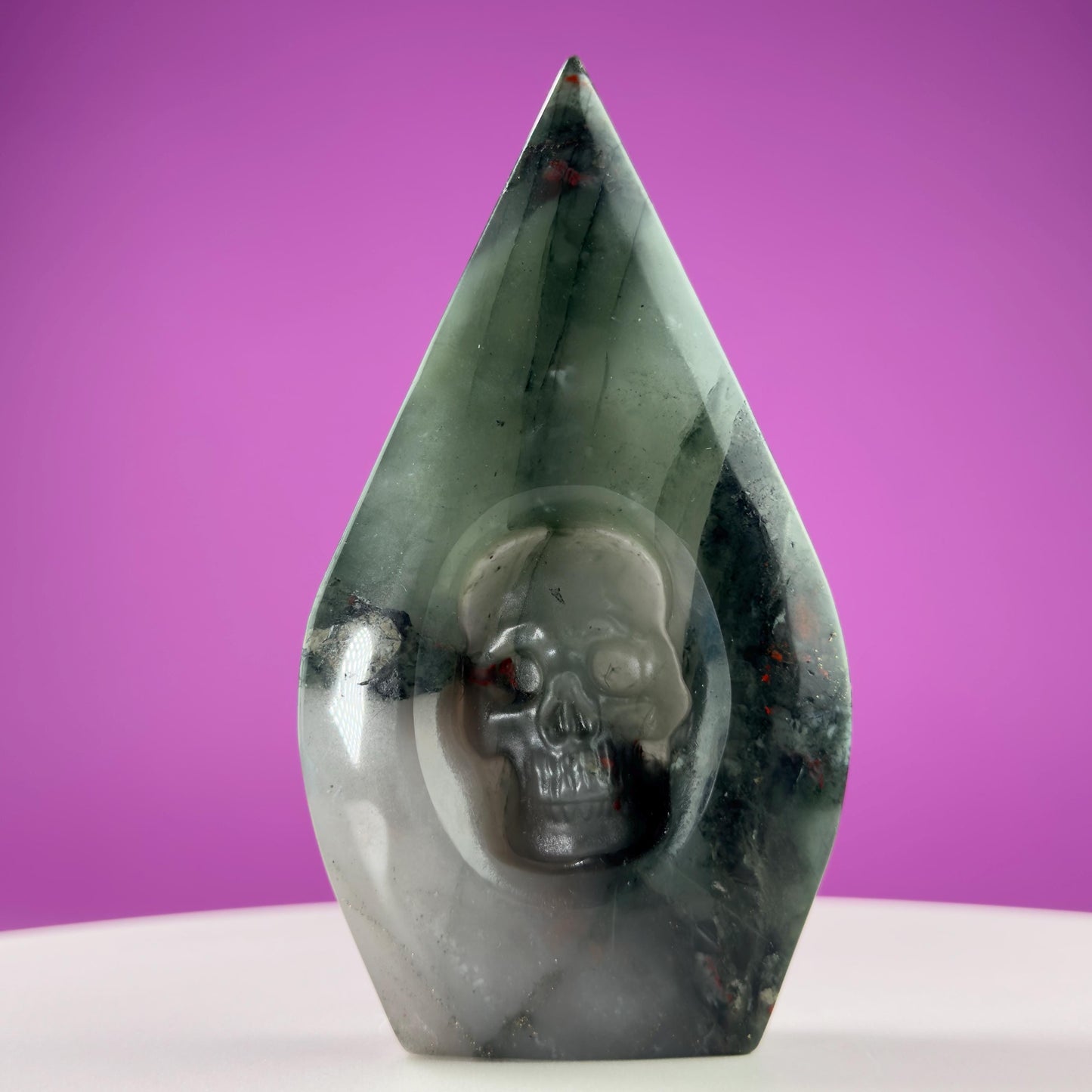 African Bloodstone Skull Flame Carving – 370g Crystal Skull