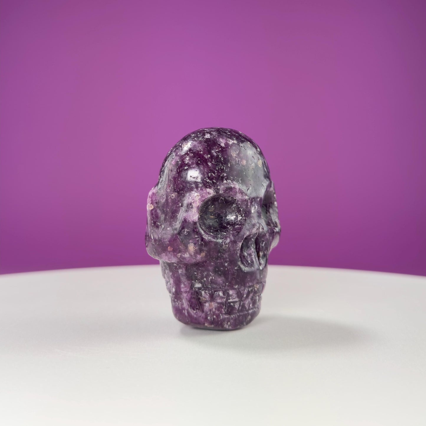 Lepidolite Double Skull Carving (Includes Silver Metal Stand)