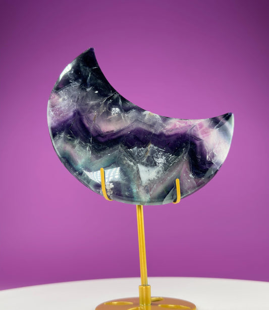 Fluorite Moon Carving (Includes Gold Metal Stand)