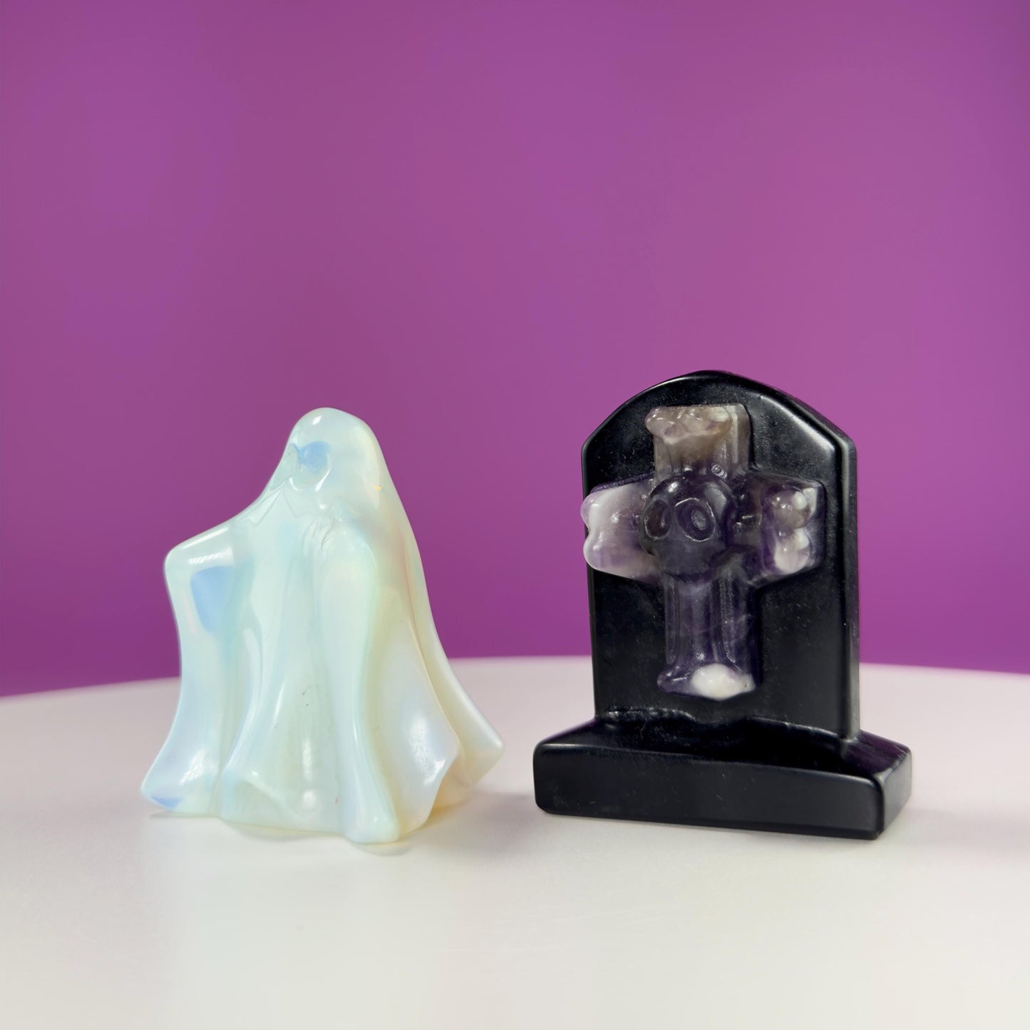 Black Obsidian Headstone with Amethyst Skull and Opalite Ghost