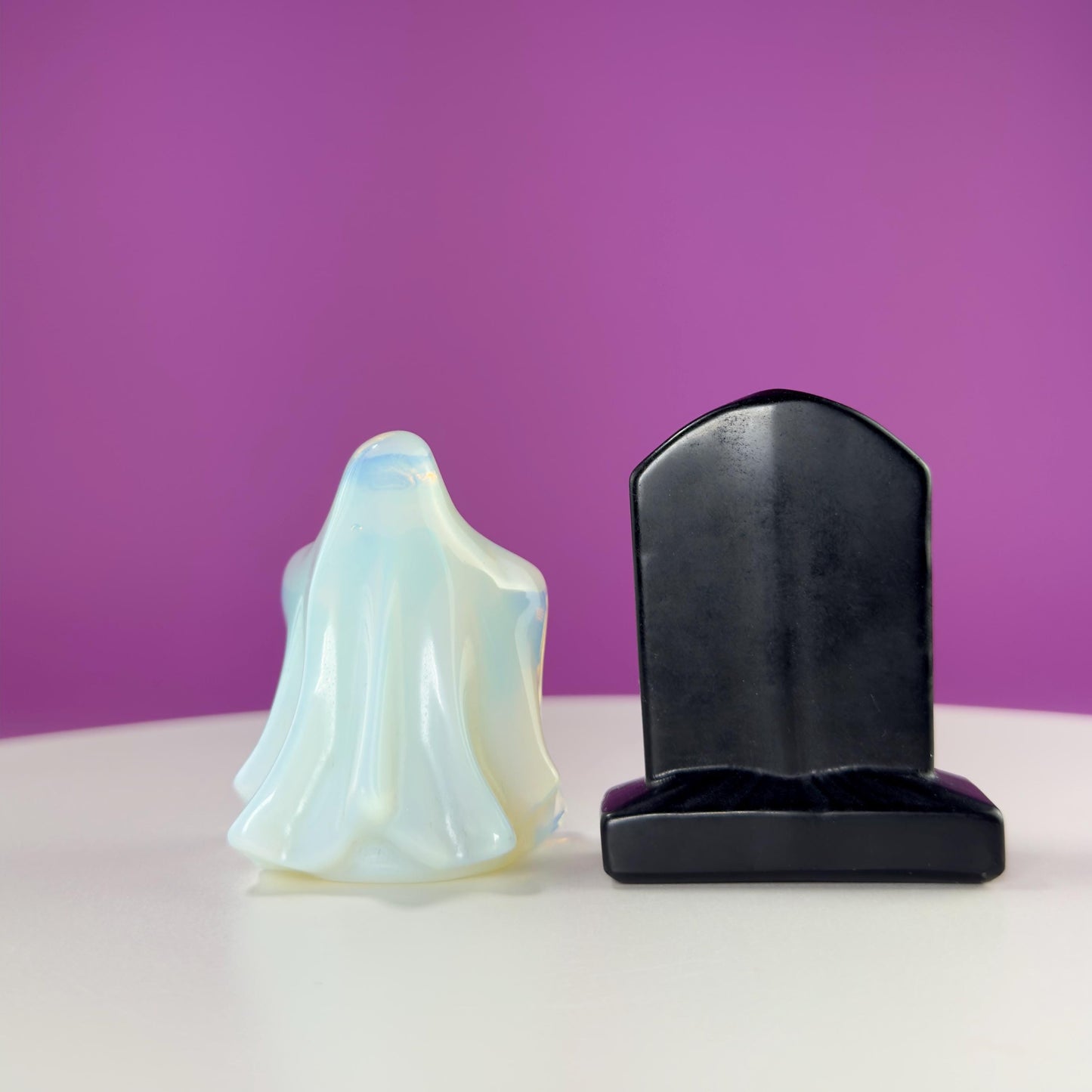 Black Obsidian Headstone with Amethyst Skull and Opalite Ghost
