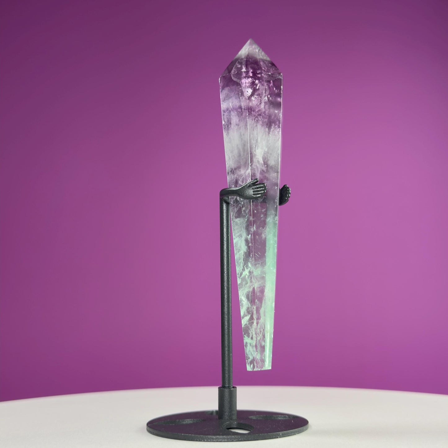 Watermelon Fluorite Scepter and Black Metal Stand, UV Reactive