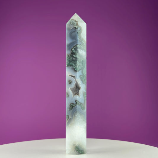 Moss Agate Tower with Druzy, 9 Inches Tall