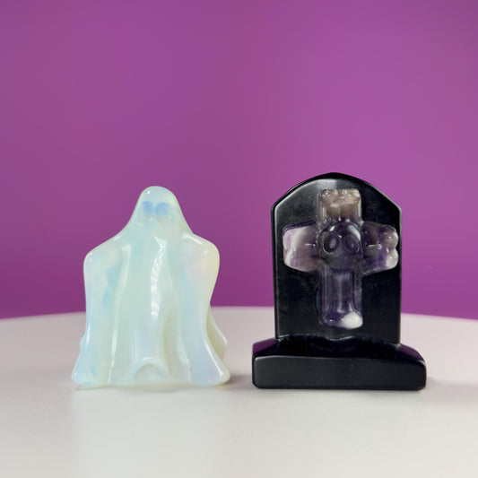 Black Obsidian Headstone with Amethyst Skull and Opalite Ghost