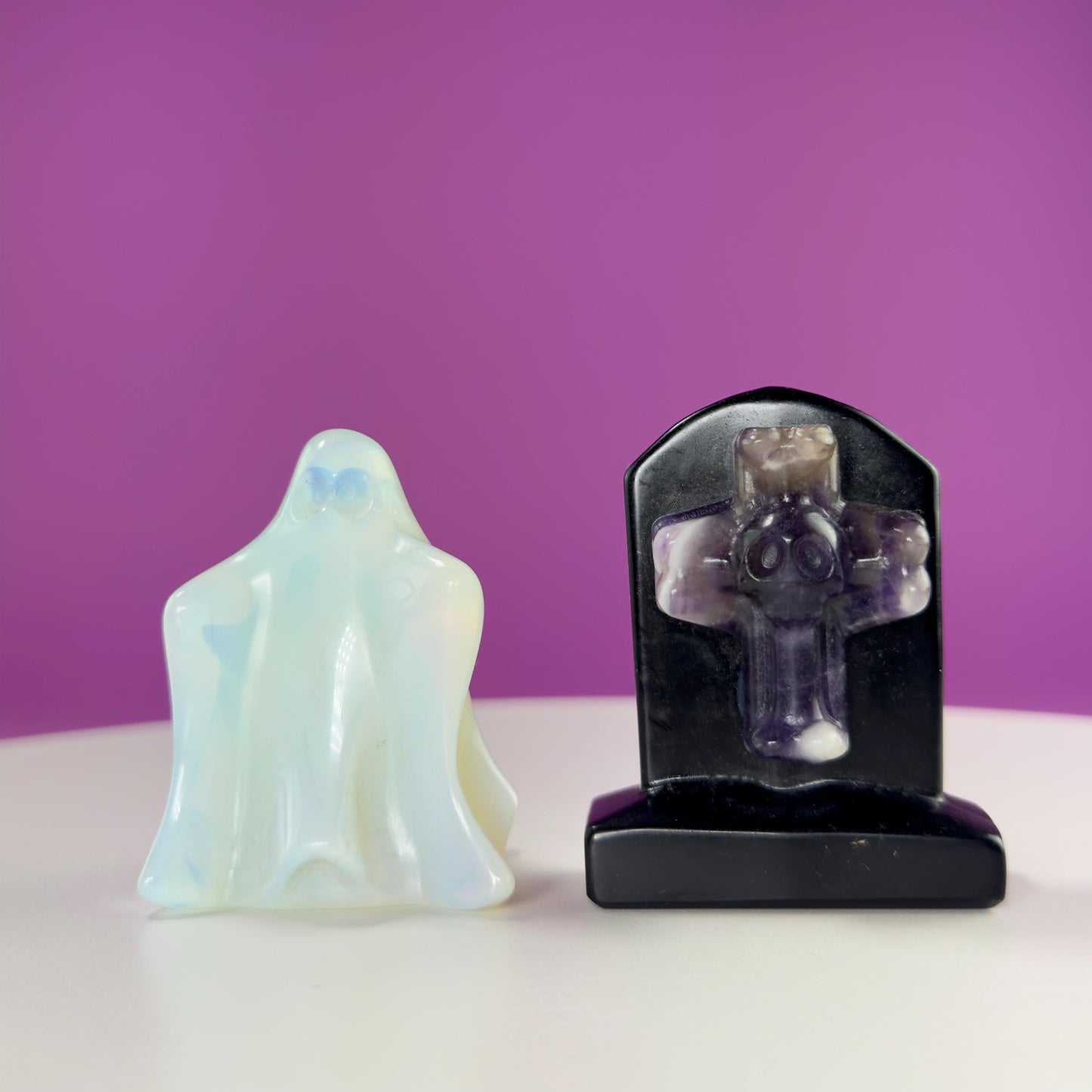 Black Obsidian Headstone with Amethyst Skull and Opalite Ghost