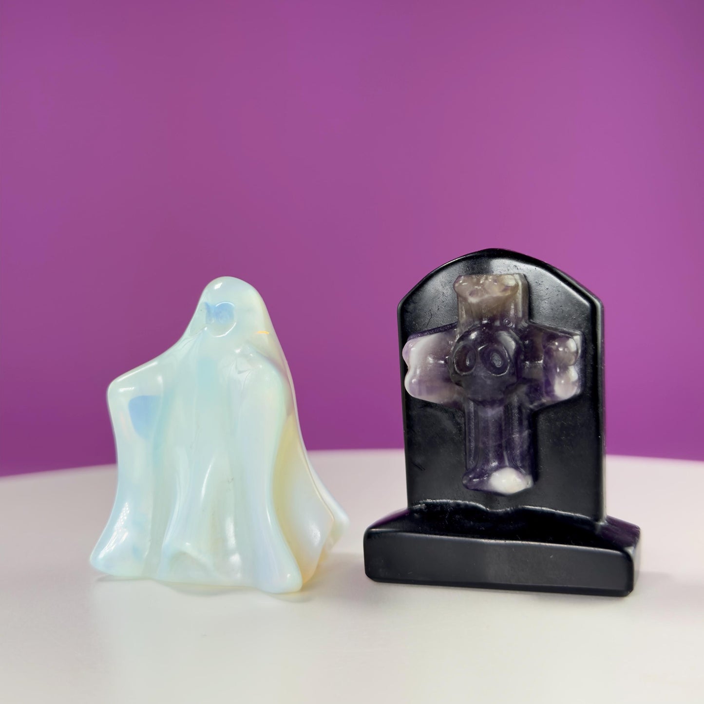 Black Obsidian Headstone with Amethyst Skull and Opalite Ghost