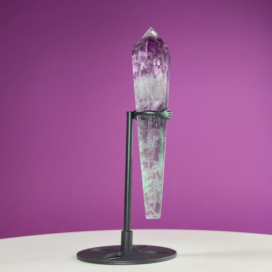 Watermelon Fluorite Scepter and Black Metal Stand, UV Reactive