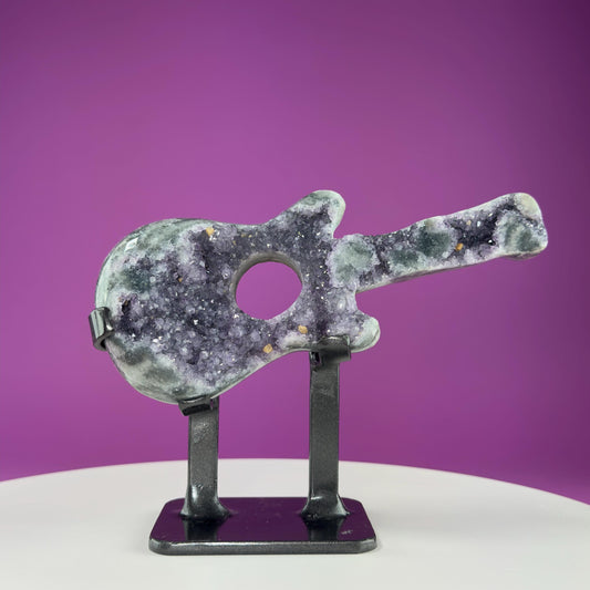 Amethyst Guitar Carving (Uruguay) (Includes Heavy Black Metal Custom Stand), Collectors Piece