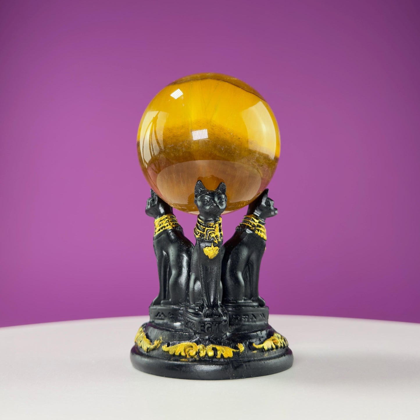 Yellow Fluorite Sphere and Egyptian Cat Stand