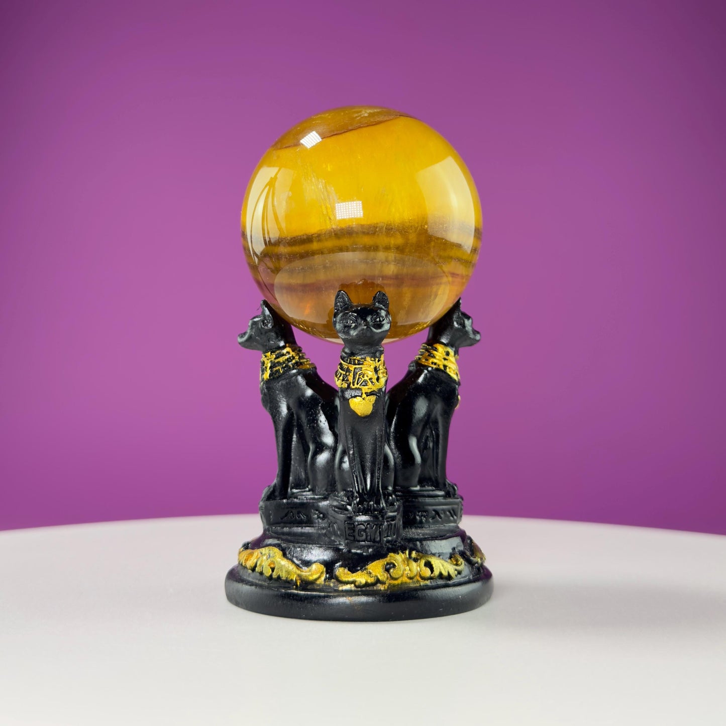 Yellow Fluorite Sphere and Egyptian Cat Stand