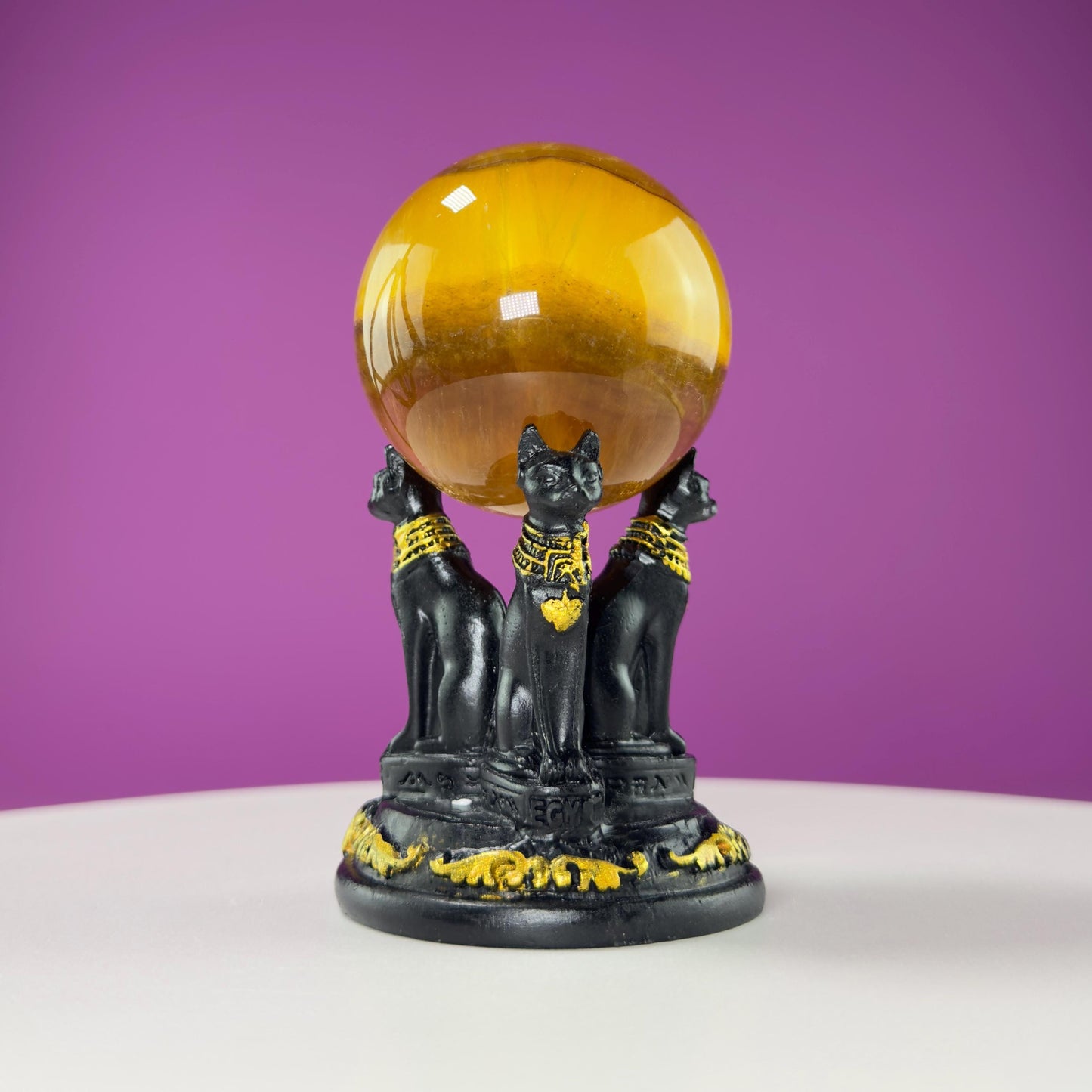 Yellow Fluorite Sphere and Egyptian Cat Stand