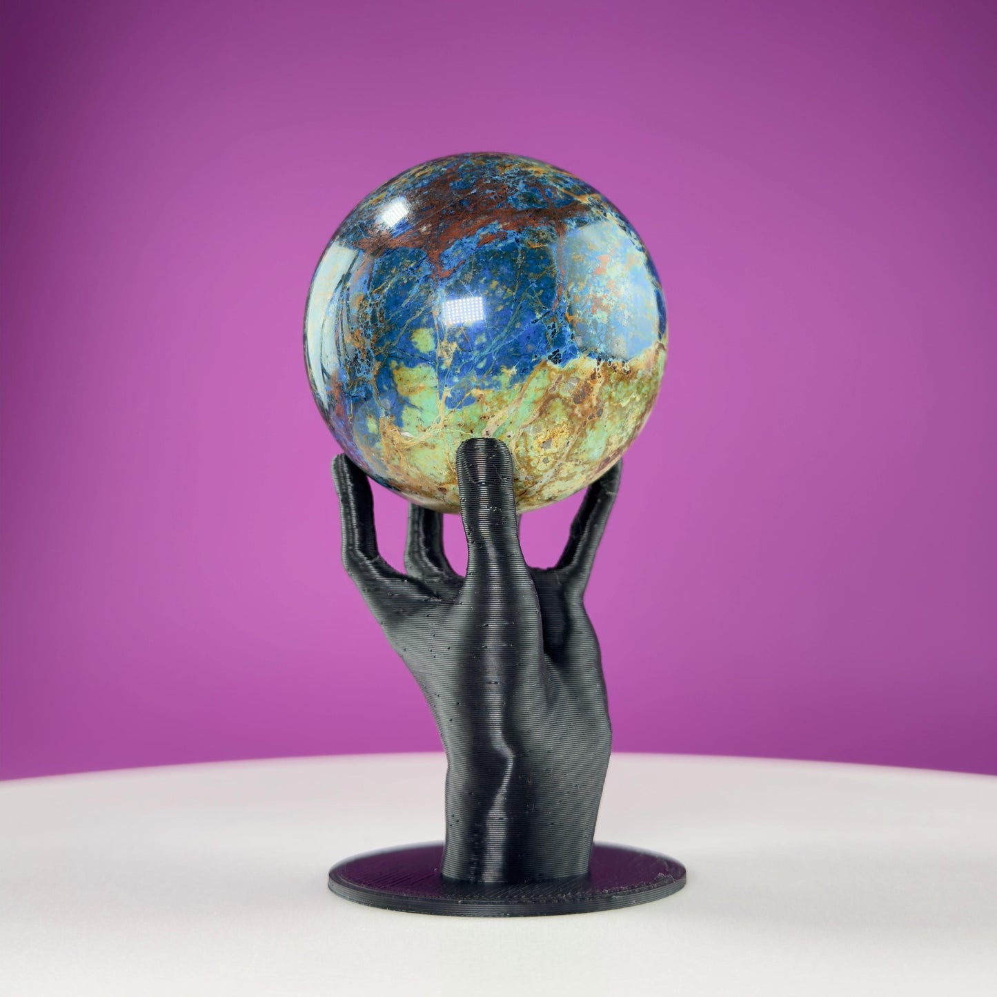 Azurite and Malachite Sphere and Black Hand Sphere Stand