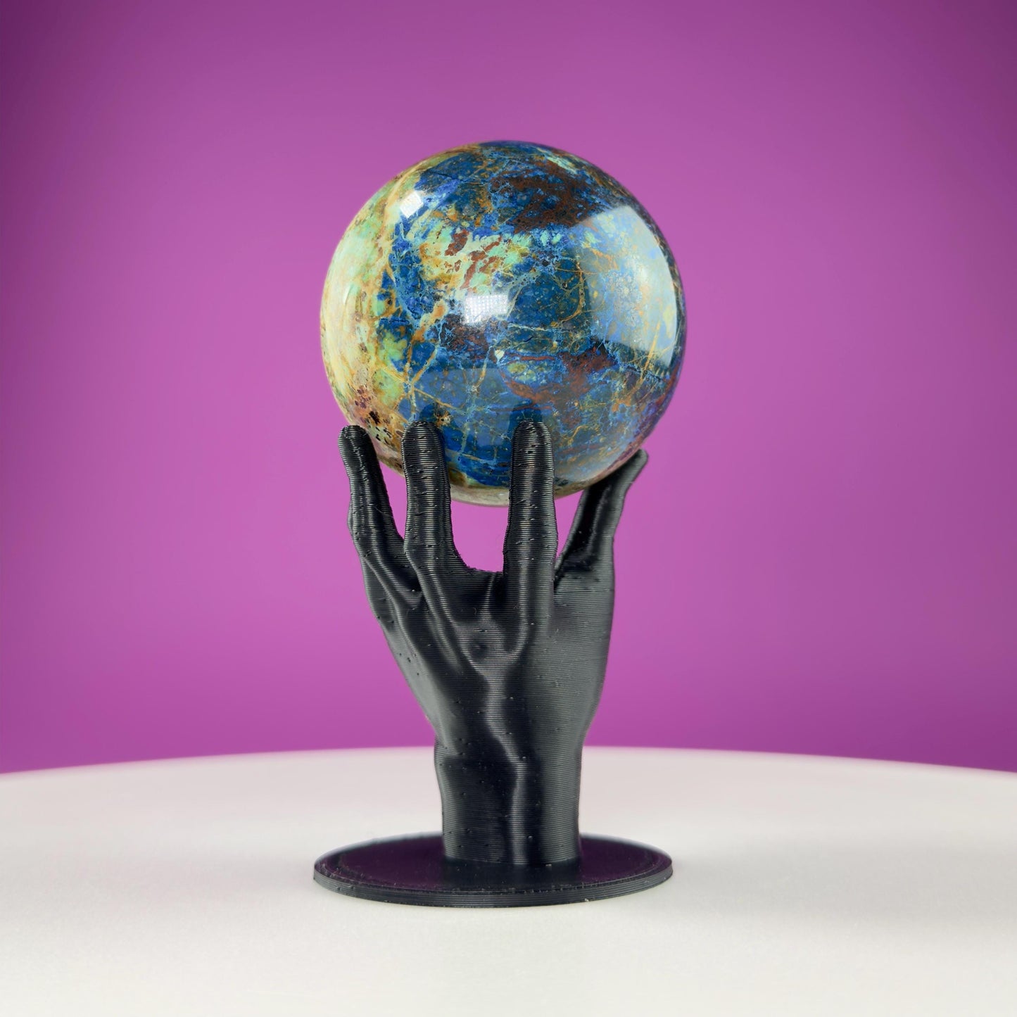 Azurite and Malachite Sphere and Black Hand Sphere Stand