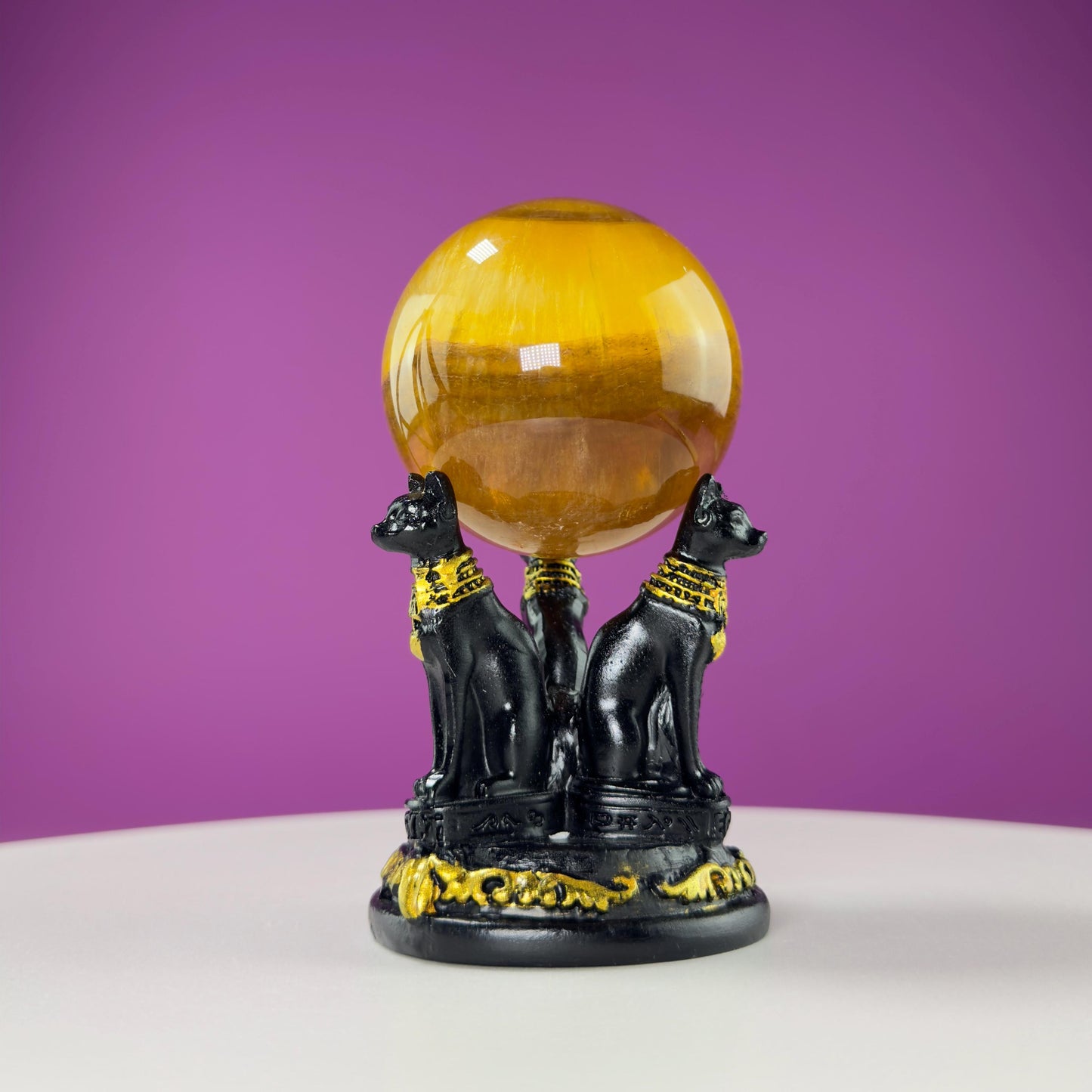 Yellow Fluorite Sphere and Egyptian Cat Stand