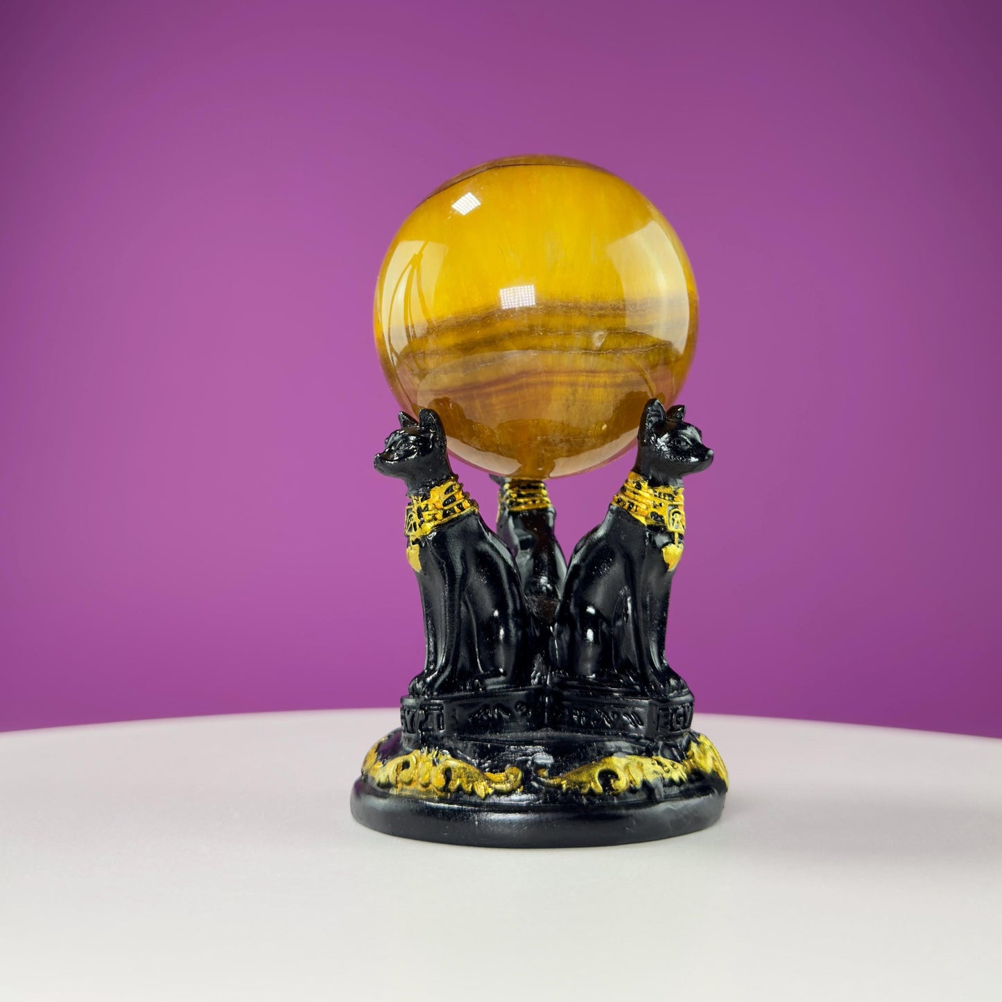 Yellow Fluorite Sphere and Egyptian Cat Stand