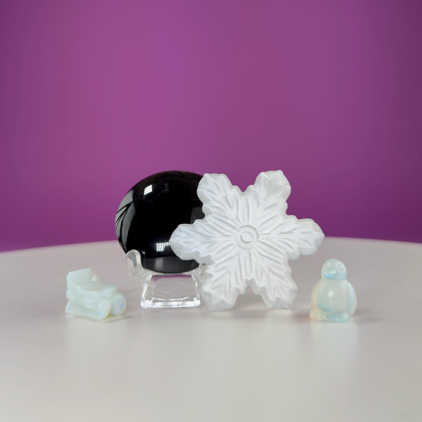 Stocking Stuffer: Gold Sheen Obsidian Palm Stone or Pocket Stone, Selenite Snowflake & Mini Opalite Sled or Penguin