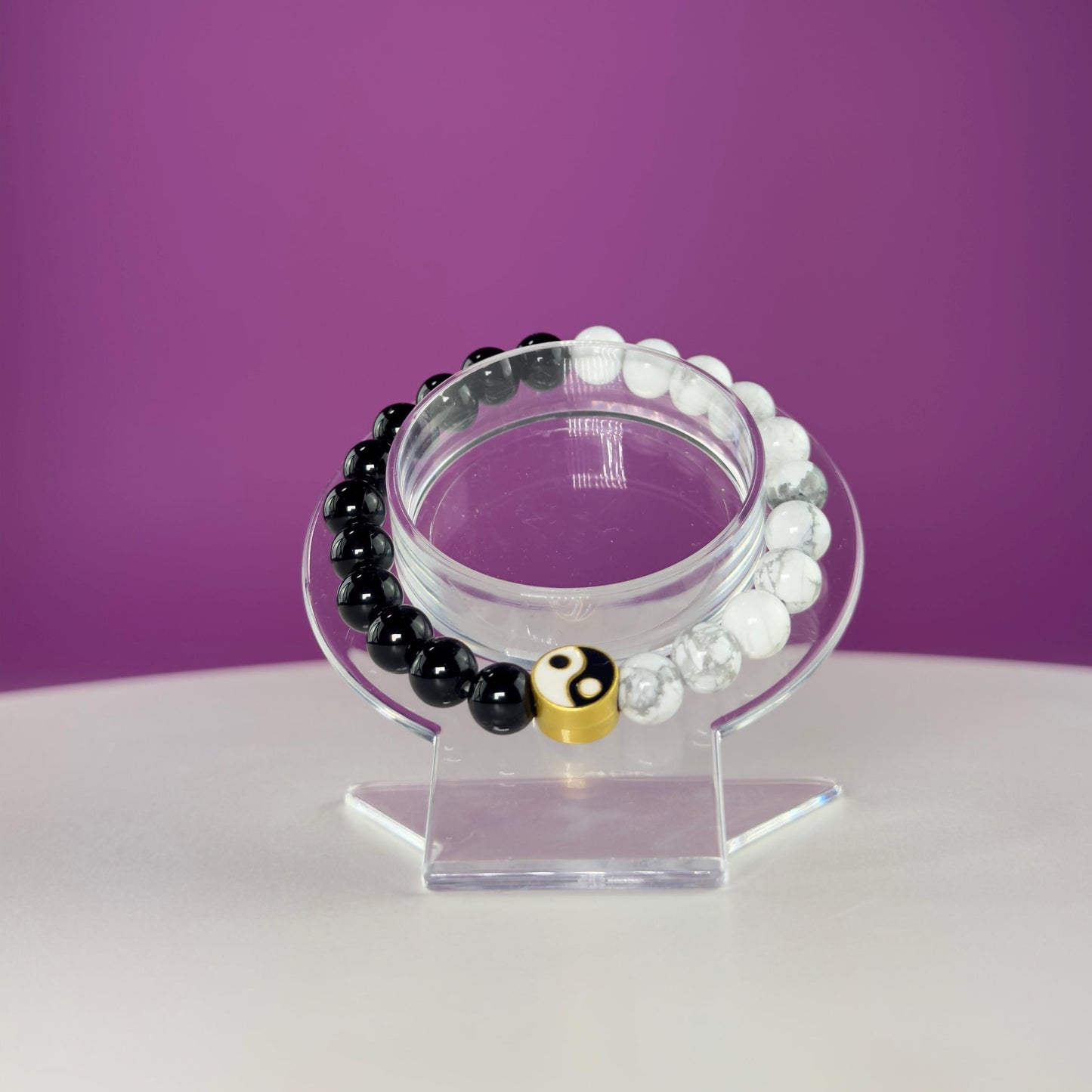 Howlite and Black Obsidian Bracelet with Yin Yang Symbol-8 Millimeters