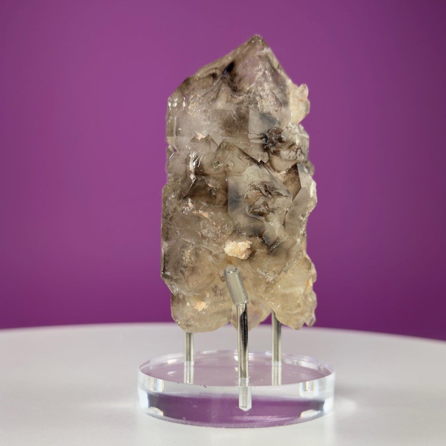 Smoky Quartz Elestial Specimen (Includes Silver Metal/Acrylic Stand)