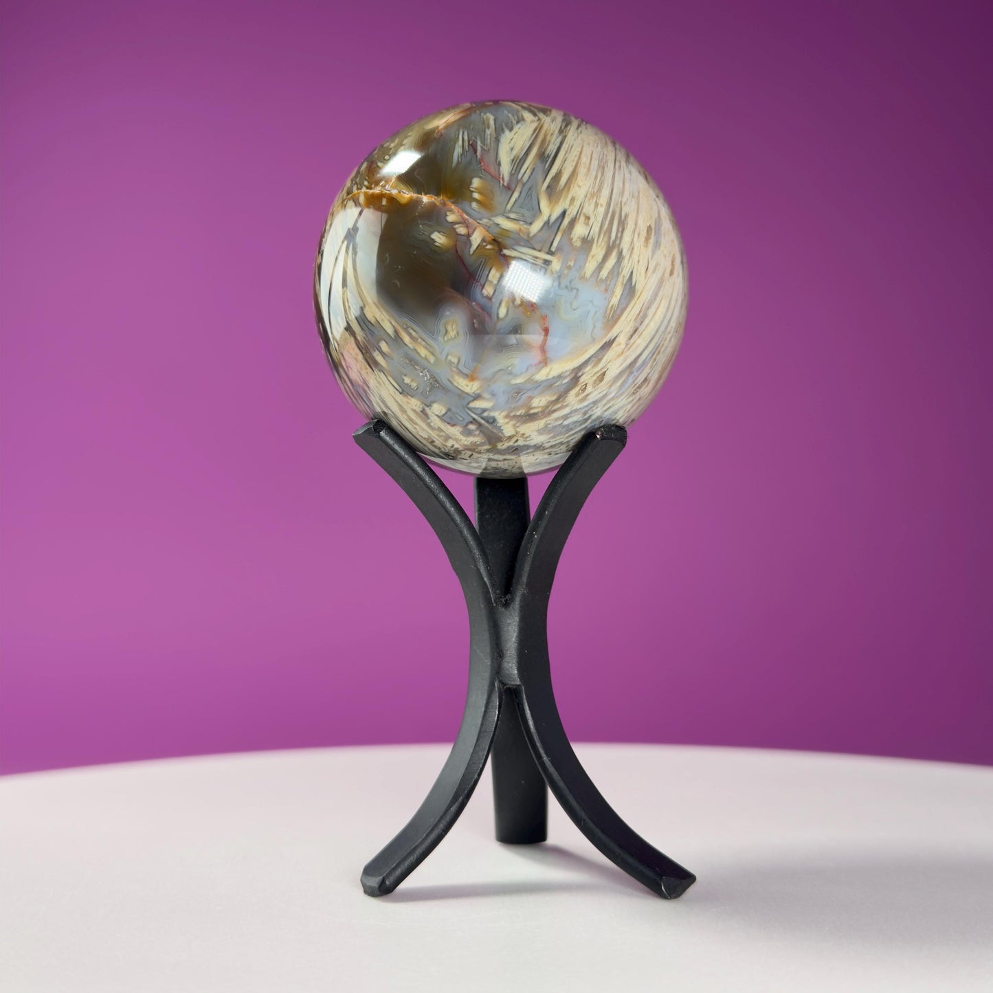 Sagenite Agate Sphere (Brazil) (Includes Black Metal Stand)