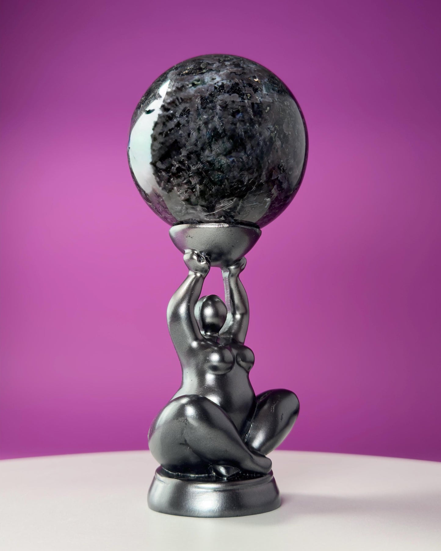 Indigo Gabbro Sphere with Goddess Stand (Mystic Merlinite), Healing Stone for Altar Decor & Meditation