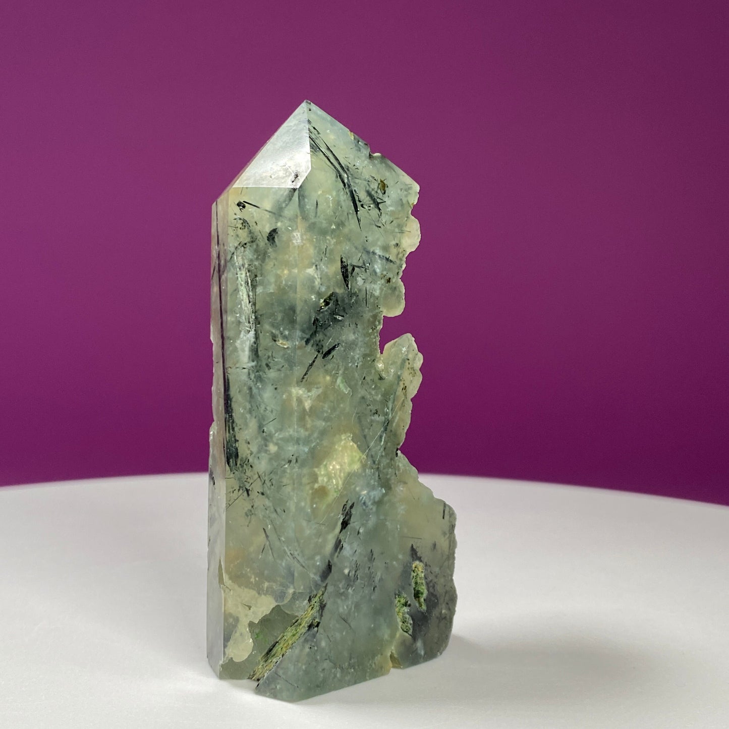 Prehnite Tower with Green Rutiles