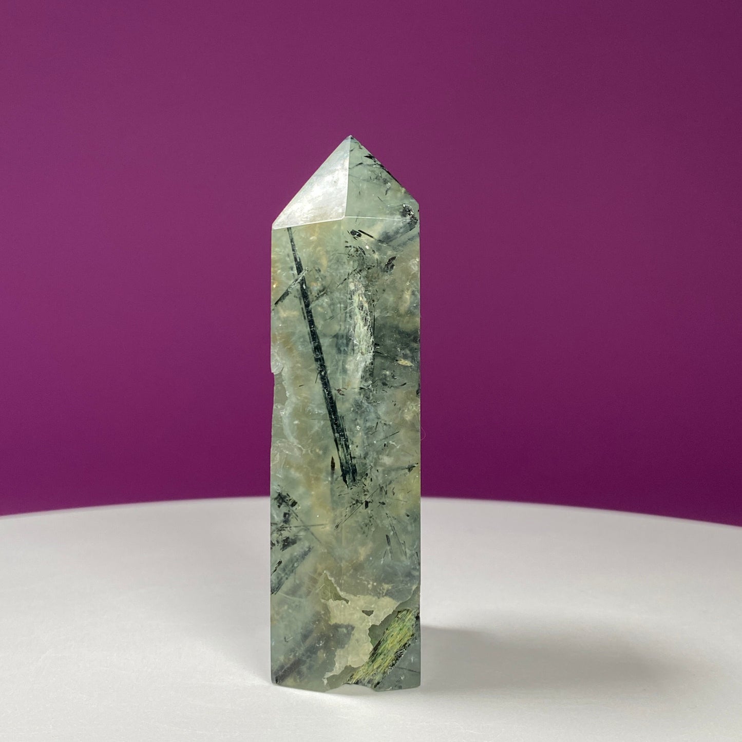 Prehnite Tower with Green Rutiles