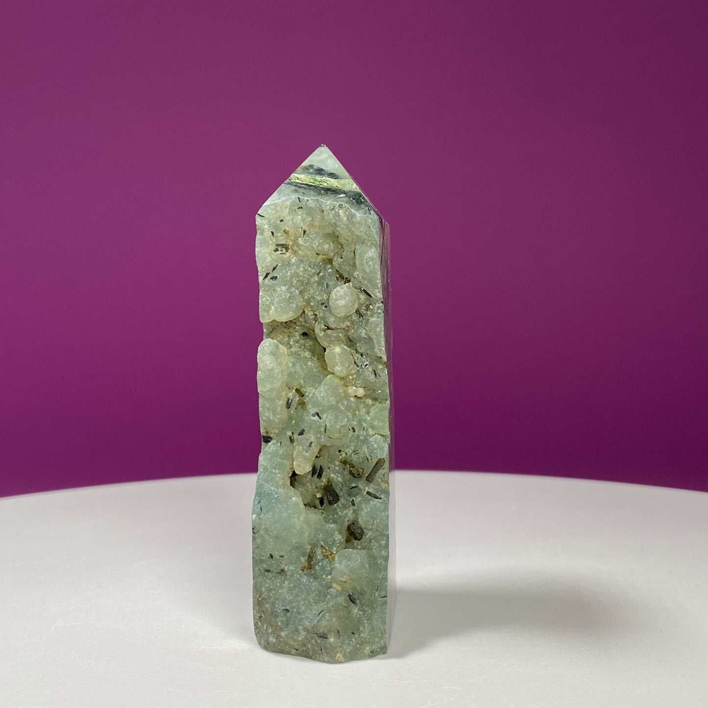 Prehnite Tower with Green Rutiles