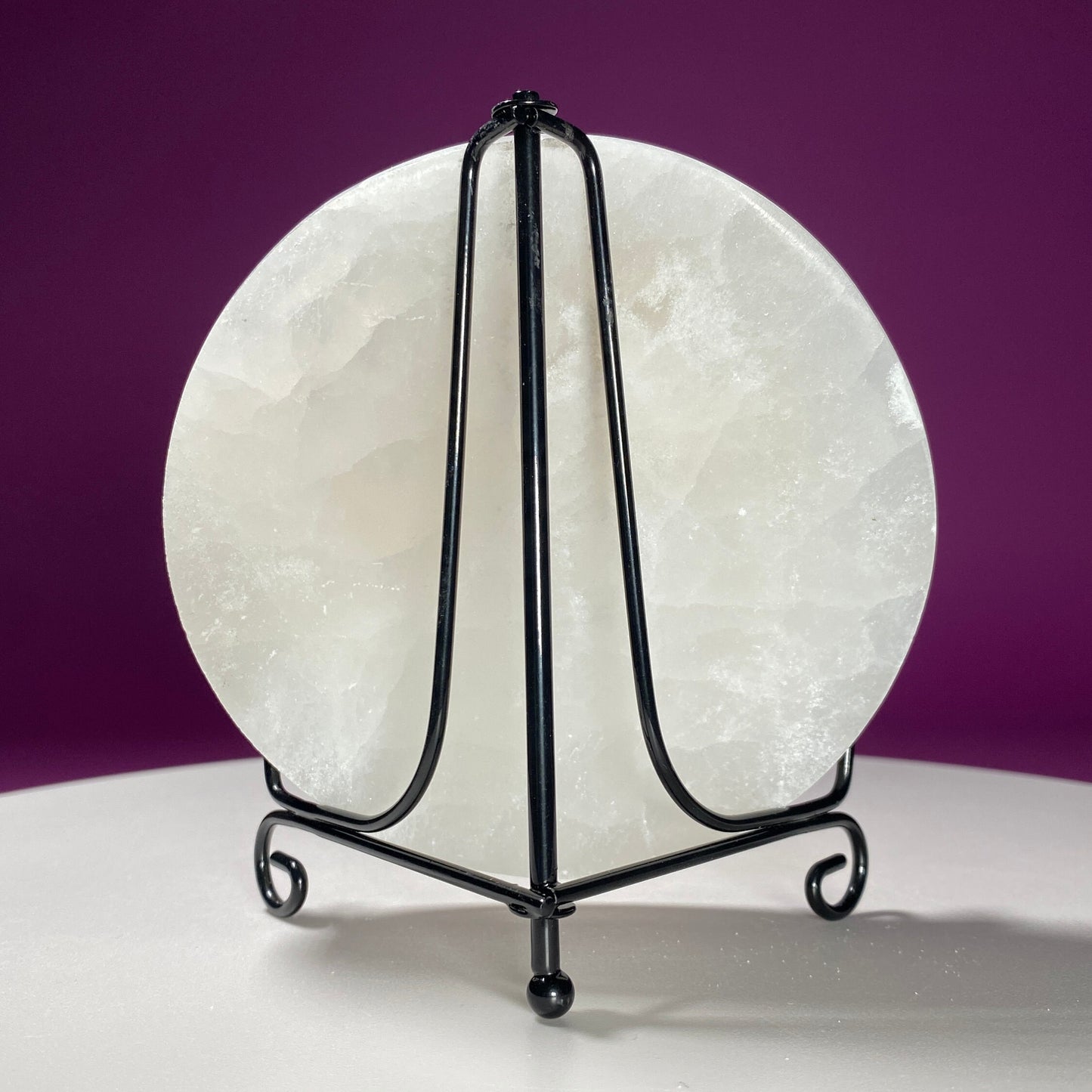 Selenite Sun Moon Charging Plate (Includes Black Metal Stand)