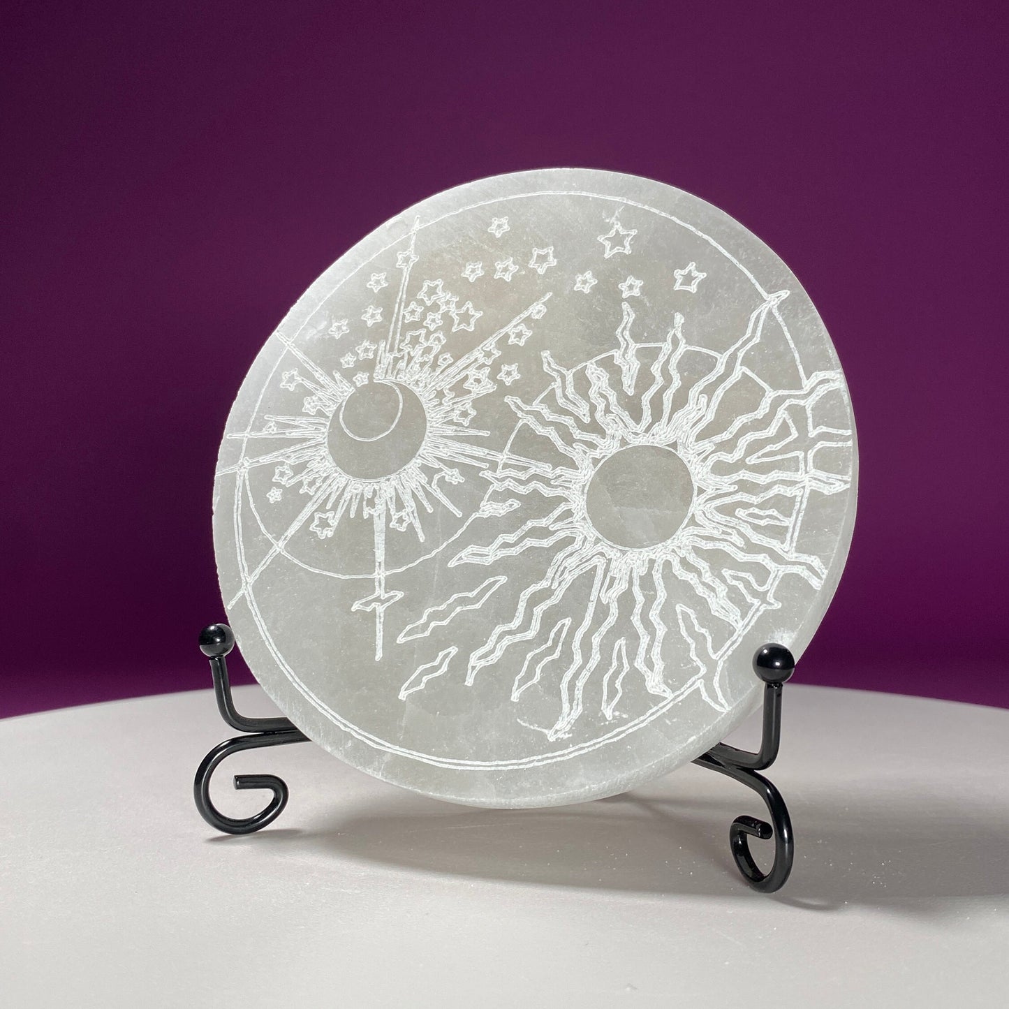 Selenite Sun Moon Charging Plate (Includes Black Metal Stand)