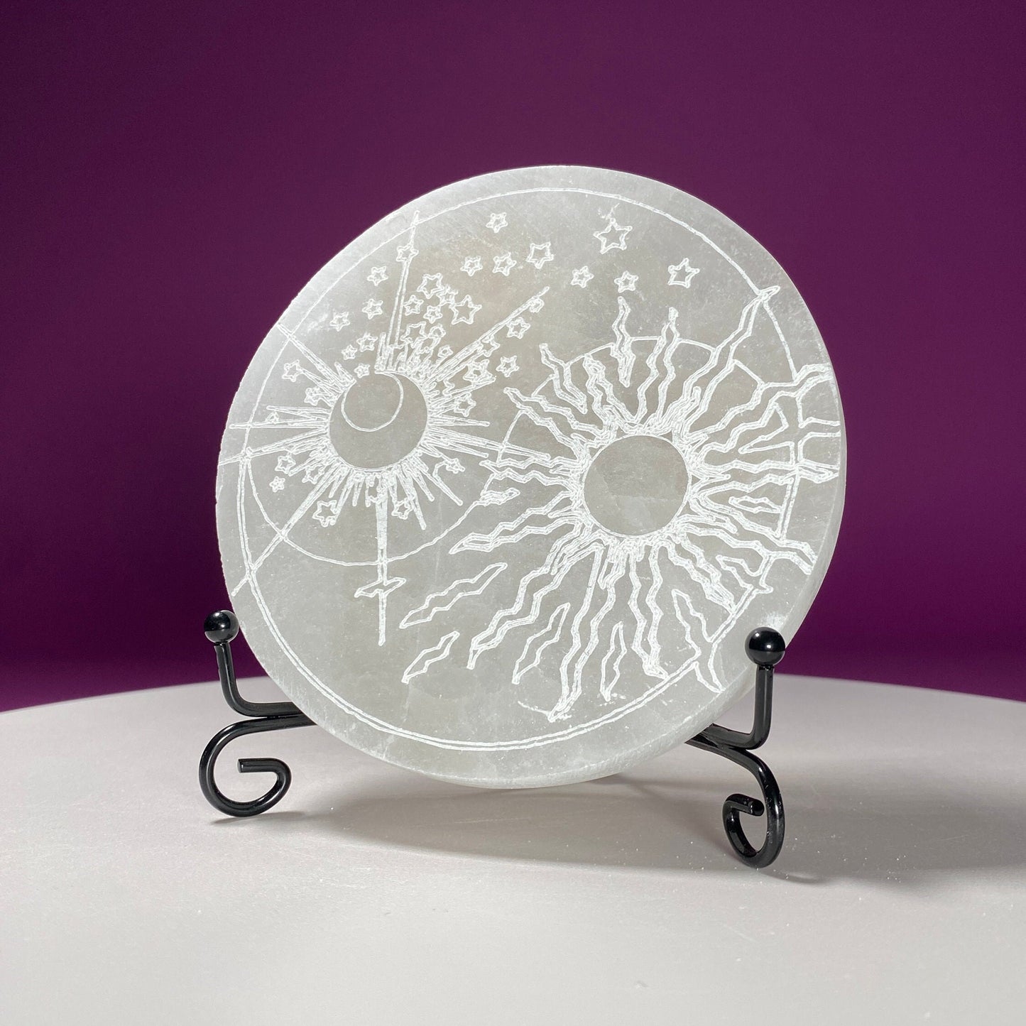 Selenite Sun Moon Charging Plate (Includes Black Metal Stand)