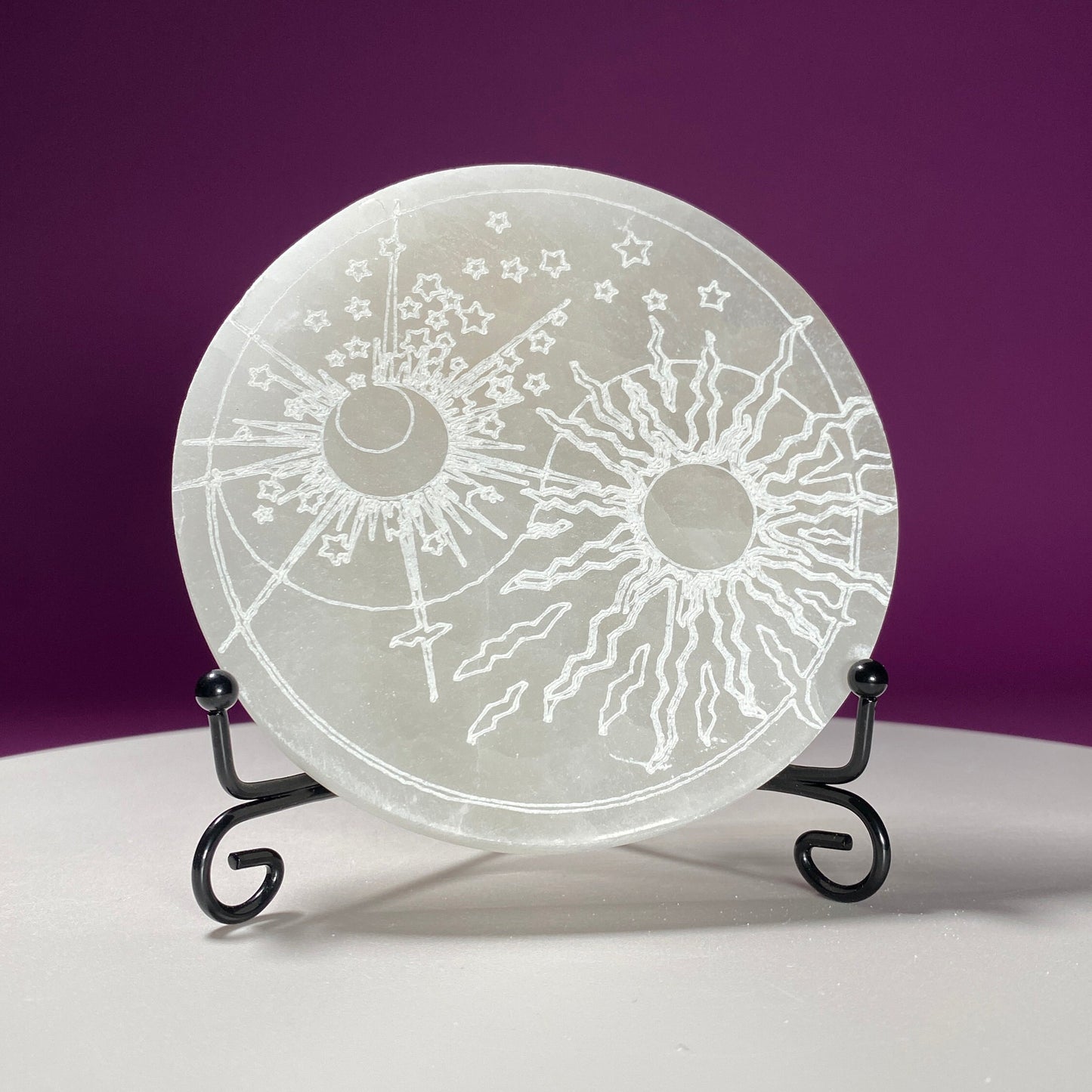 Selenite Sun Moon Charging Plate (Includes Black Metal Stand)