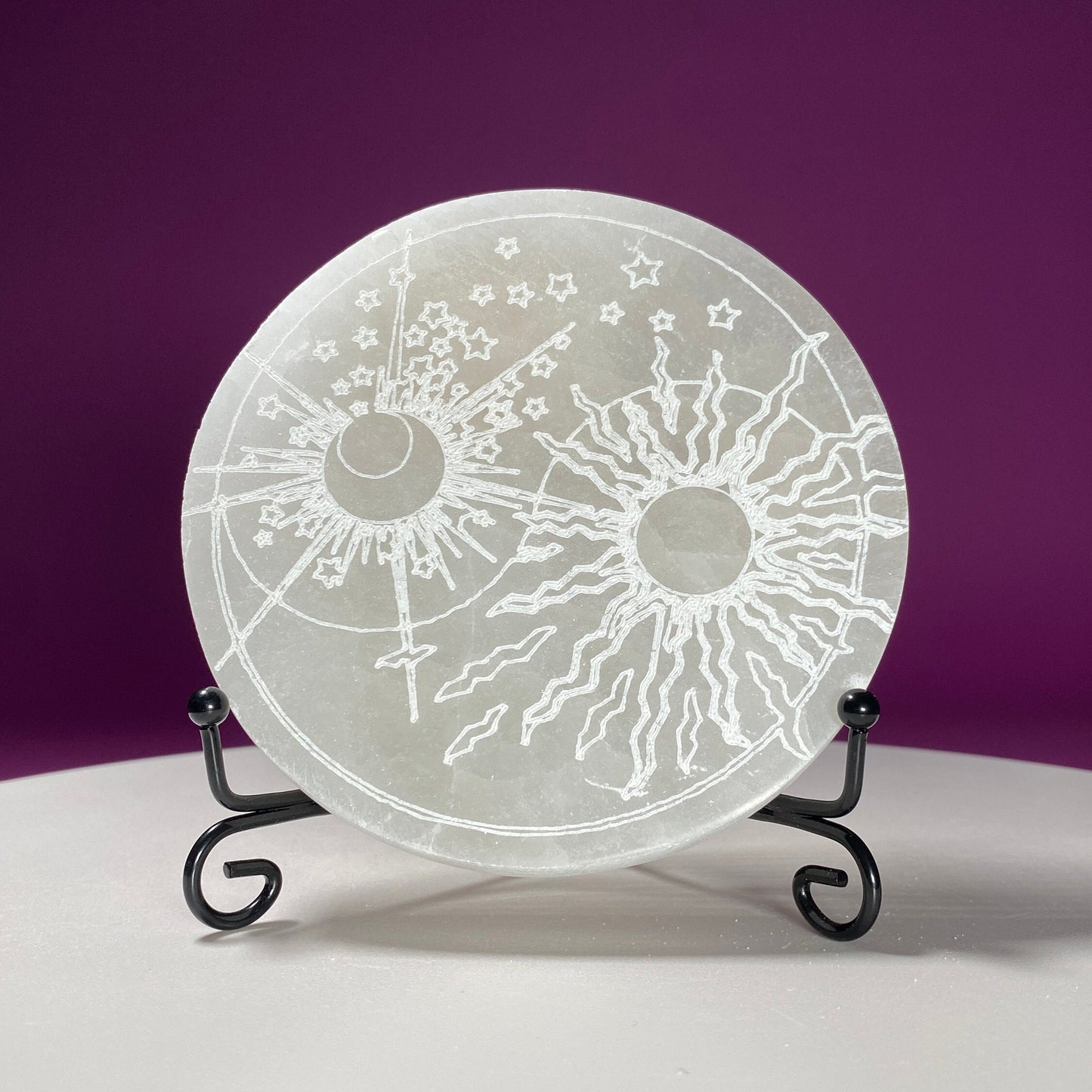 Selenite Sun Moon Charging Plate (Includes Black Metal Stand)