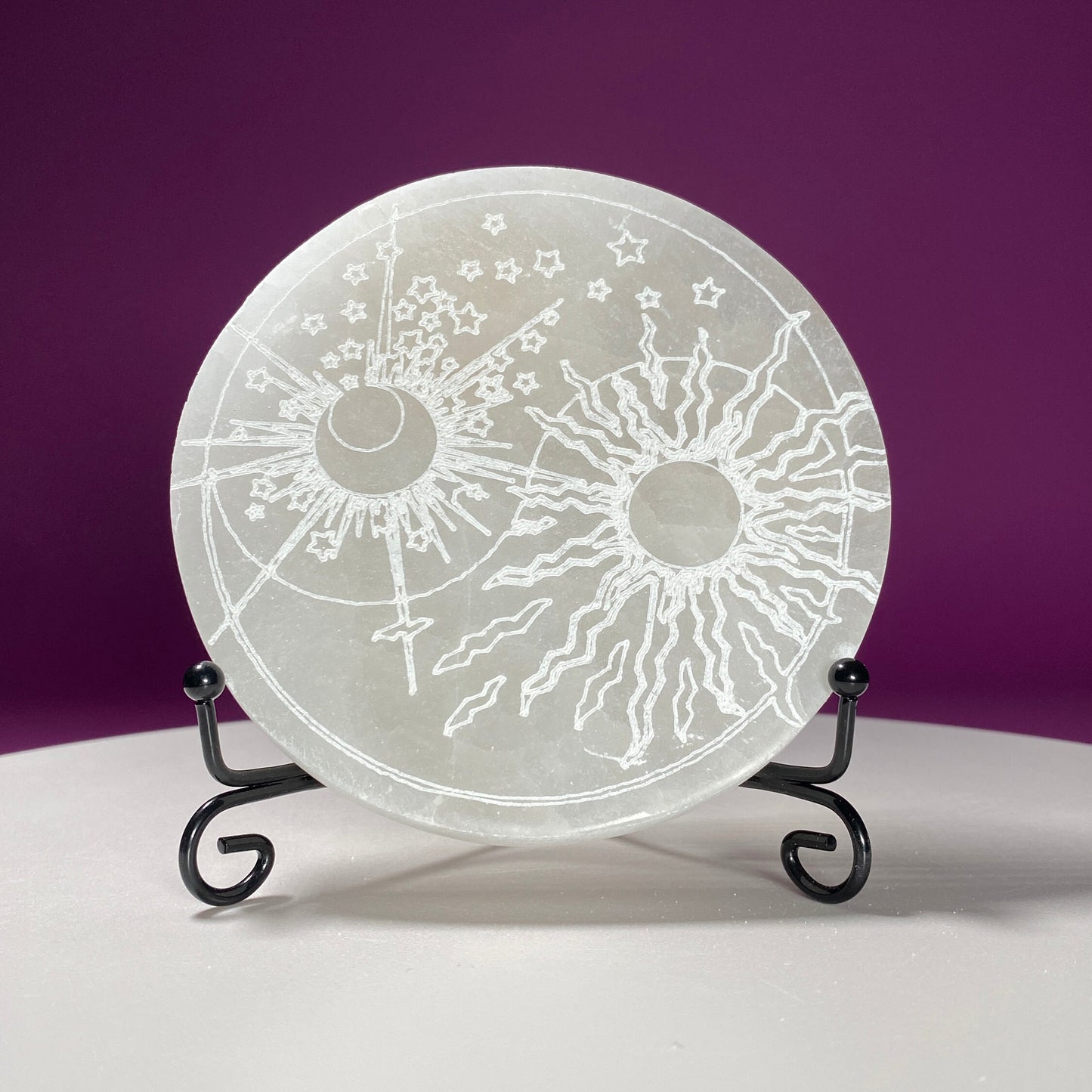 Selenite Sun Moon Charging Plate (Includes Black Metal Stand)