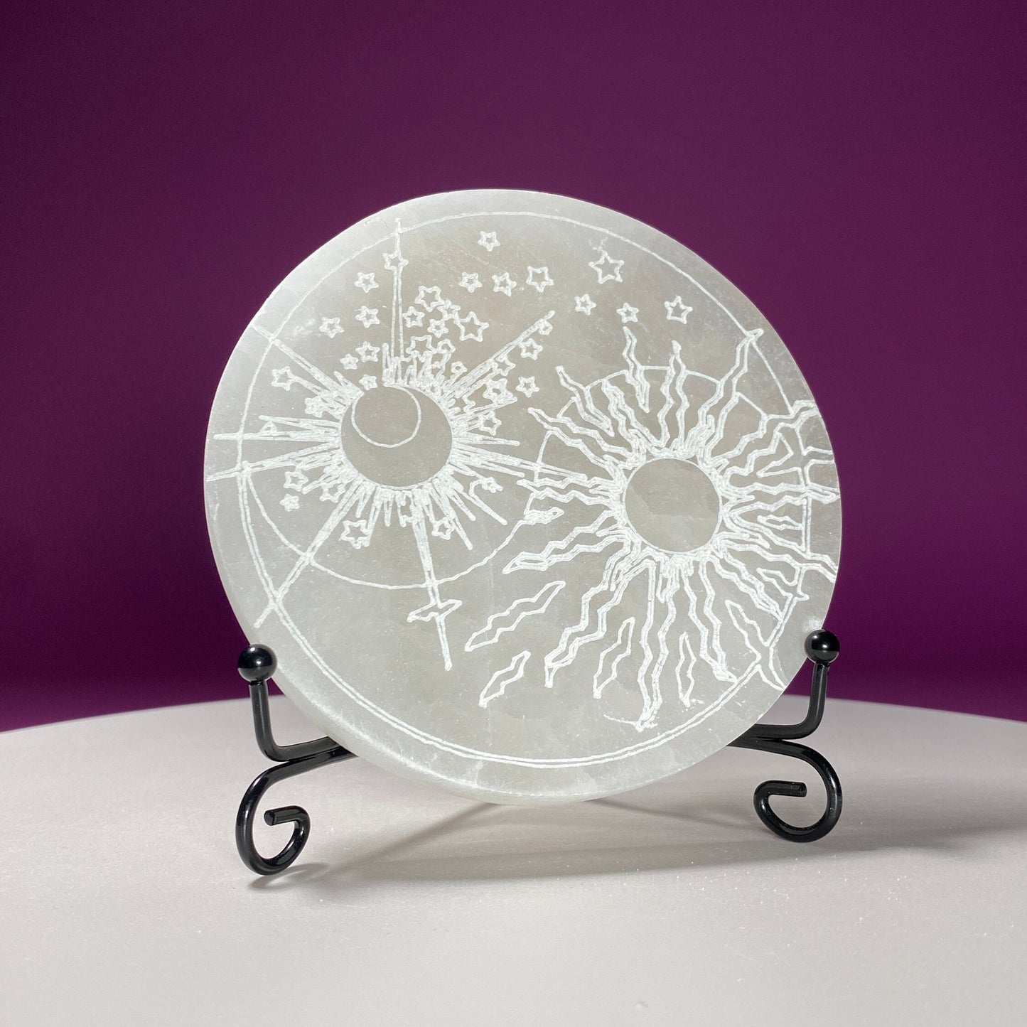 Selenite Sun Moon Charging Plate (Includes Black Metal Stand)