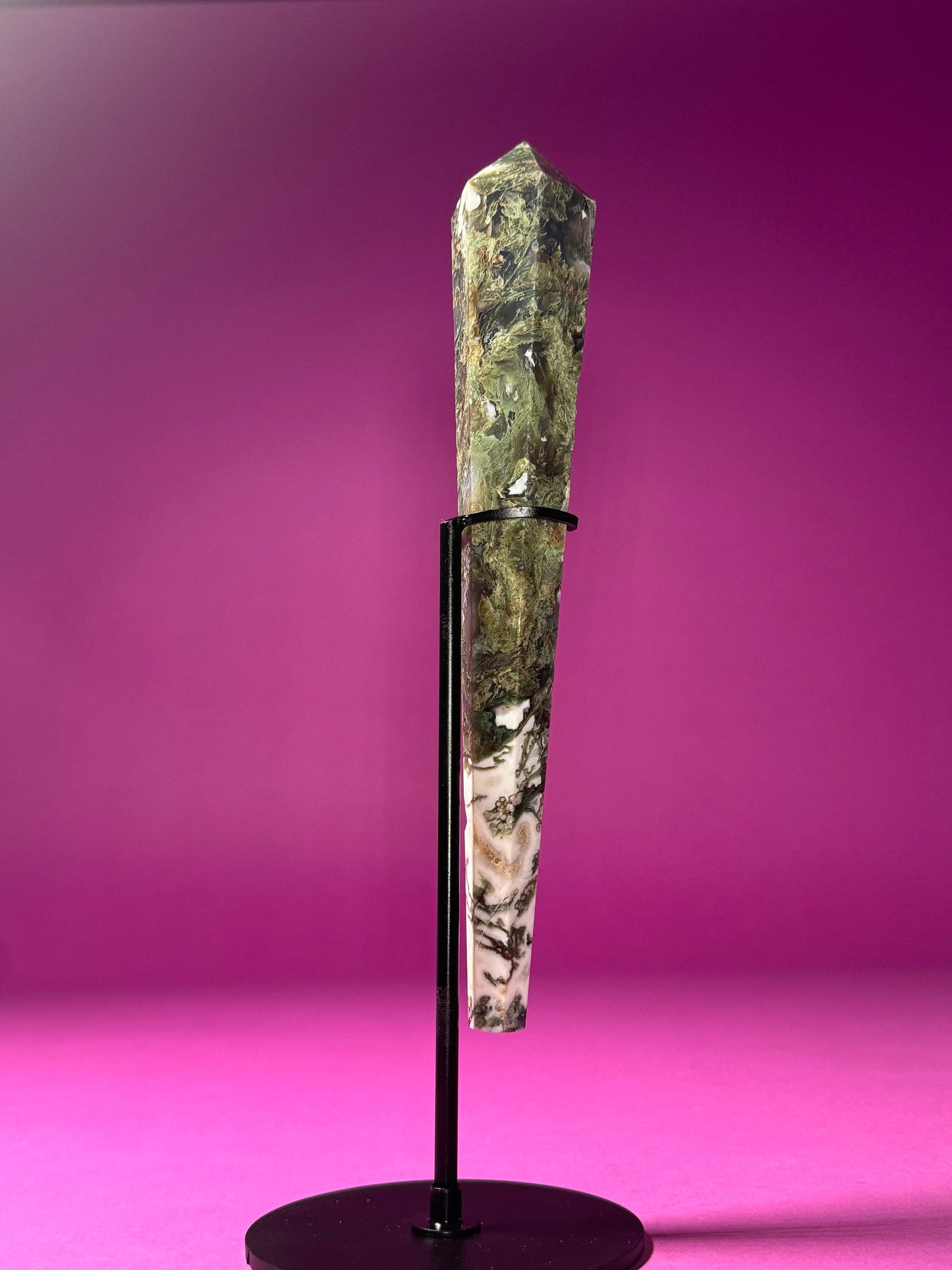 Moss Agate Scepter (Includes Black Metal Stand)