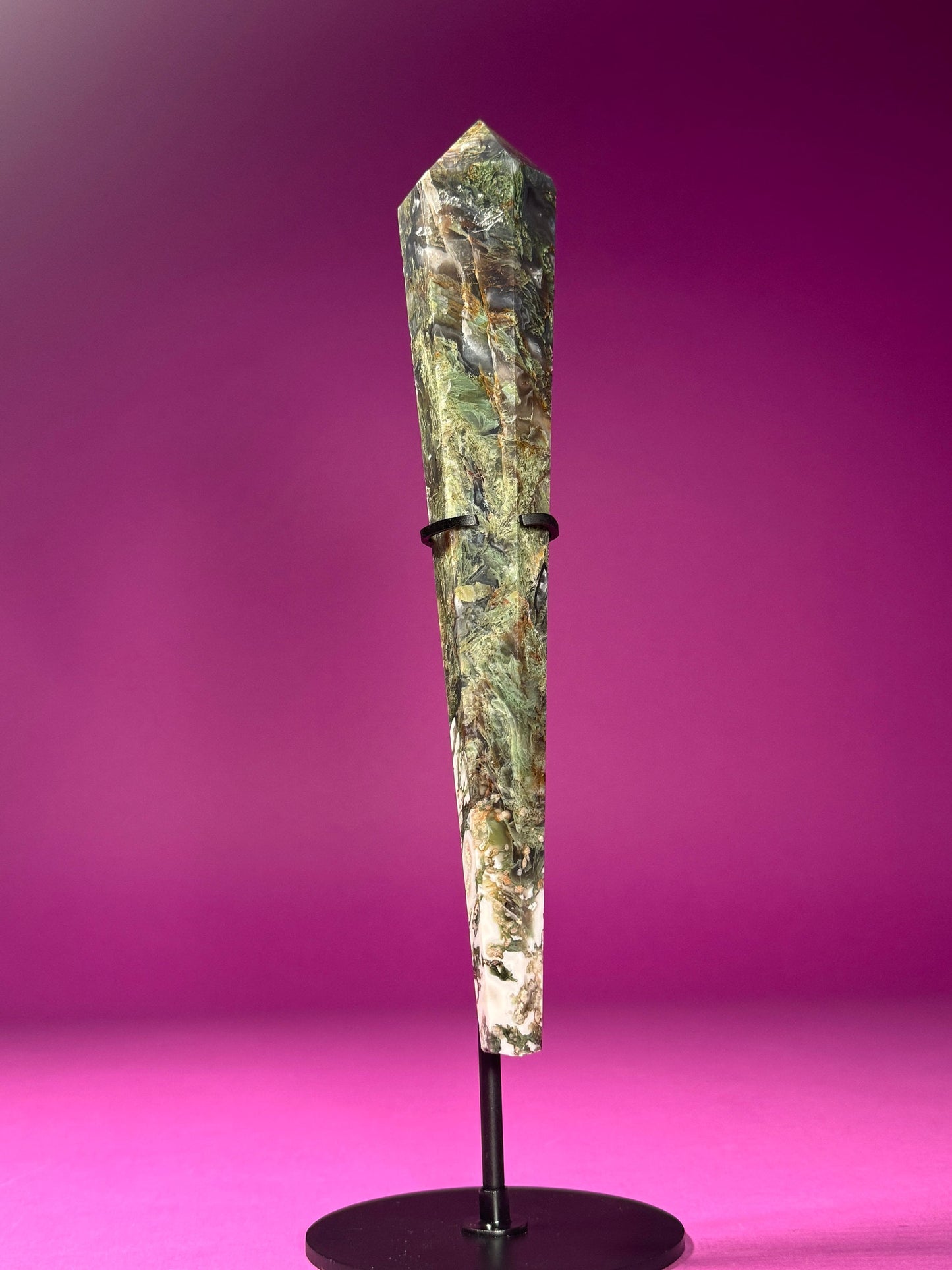 Moss Agate Scepter (Includes Black Metal Stand)