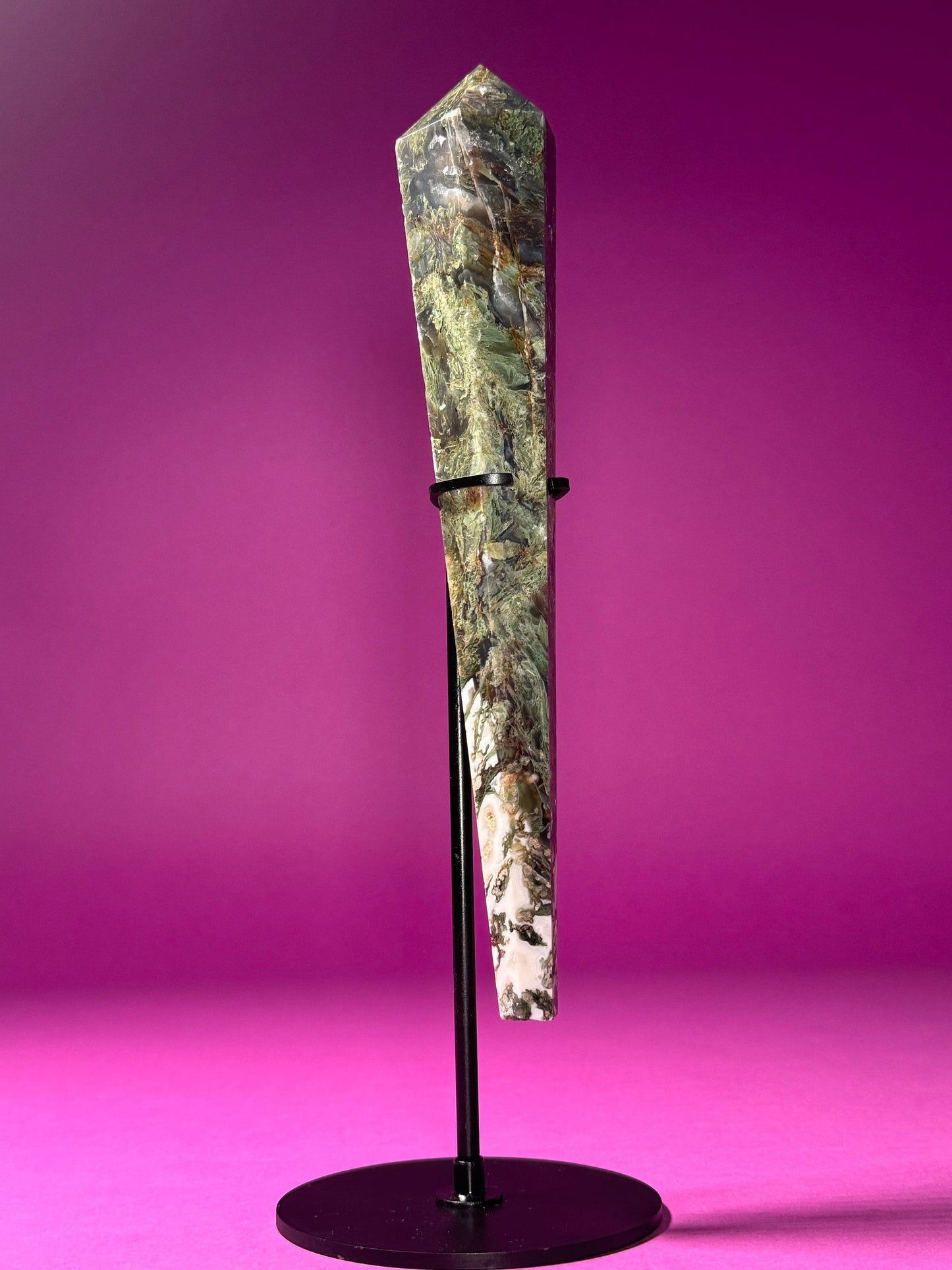 Moss Agate Scepter (Includes Black Metal Stand)