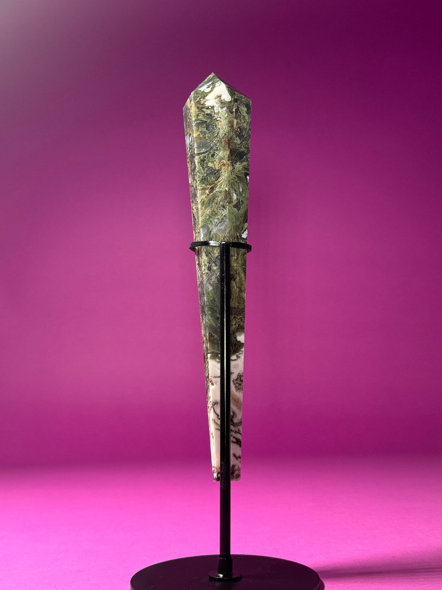 Moss Agate Scepter (Includes Black Metal Stand)