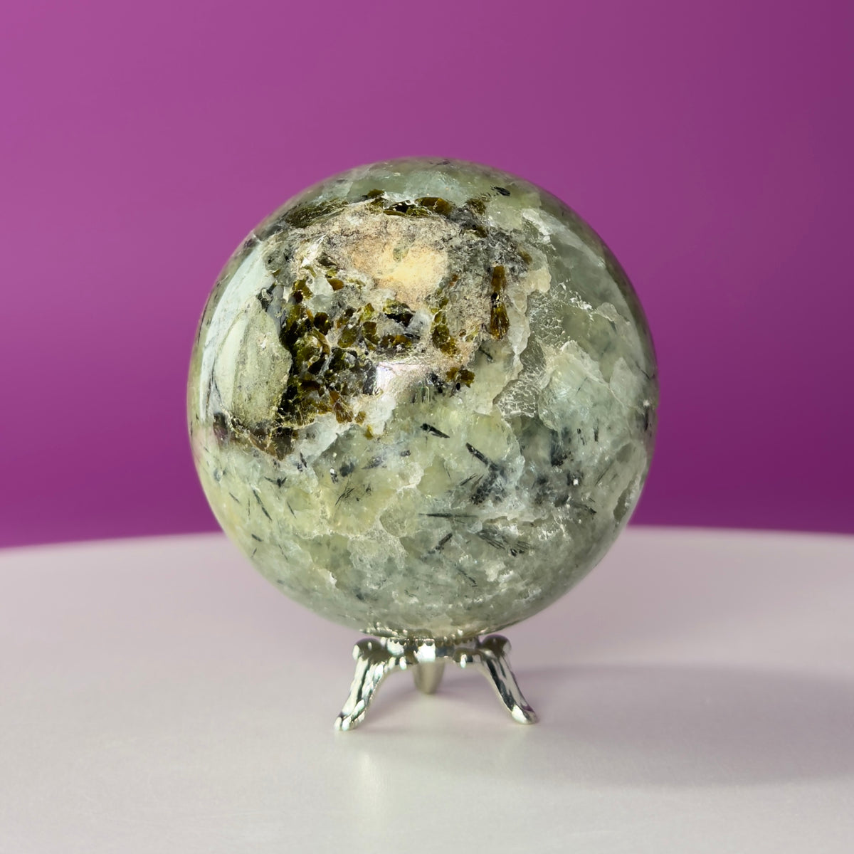 Prehnite Sphere with Stand 259g | Healing Crystal Ball | Heart Chakra Stone | Home Decor Gift