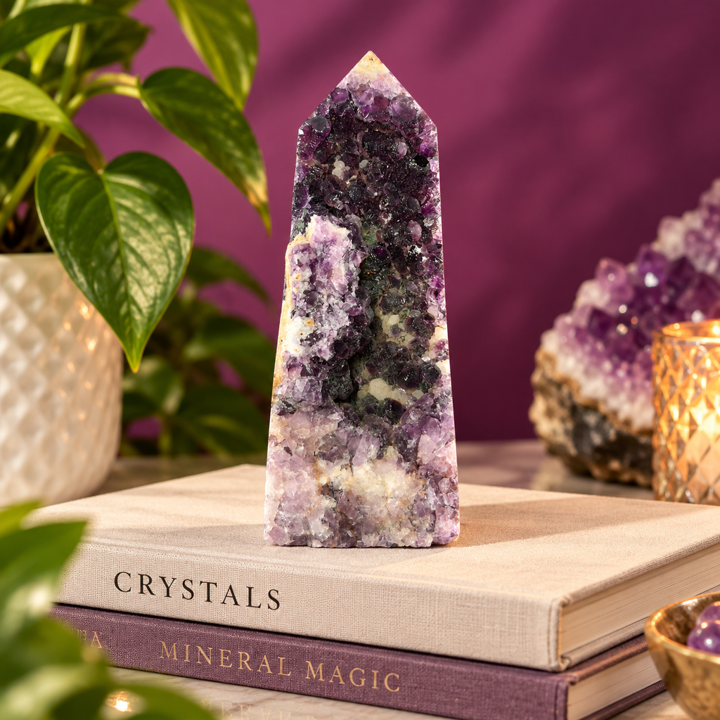 Purple Fluorite Druzy Tower with Natural Matrix – 163g