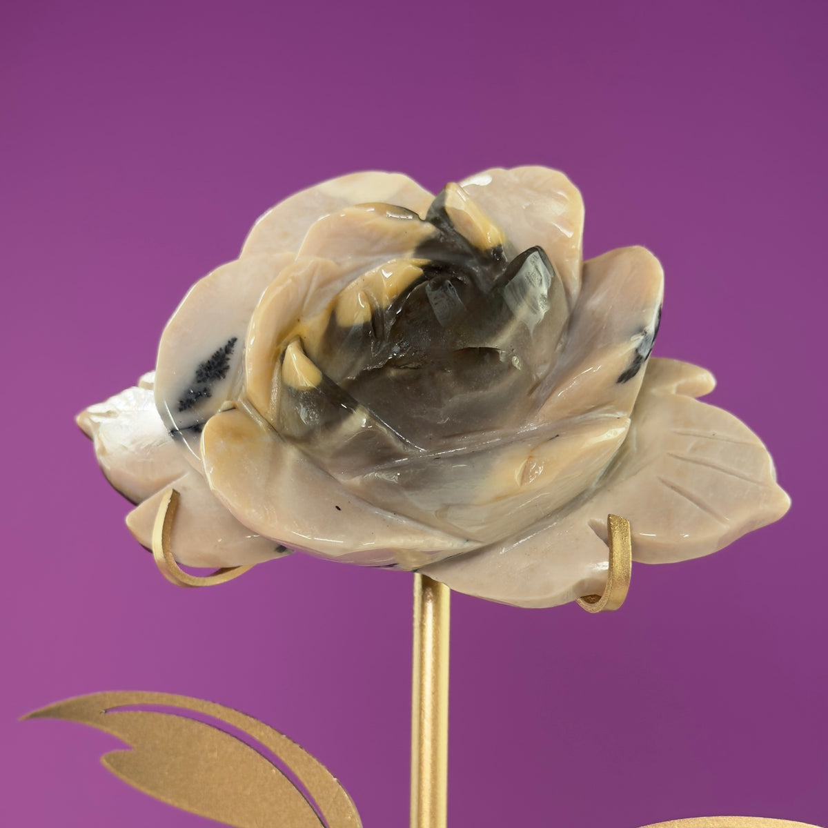 Mookaite Jasper Flower Carving with Gold Metal Flower Stand