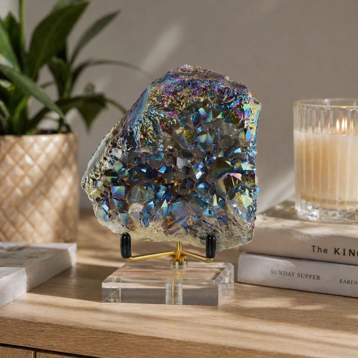 Titanium Aura Quartz Cluster with Gold Stand – Iridescent Display Piece